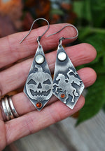 Mismatched Headless Horseman/Jack-o-Lantern Earrings - Hessonite Garnet and Mother of Pearl