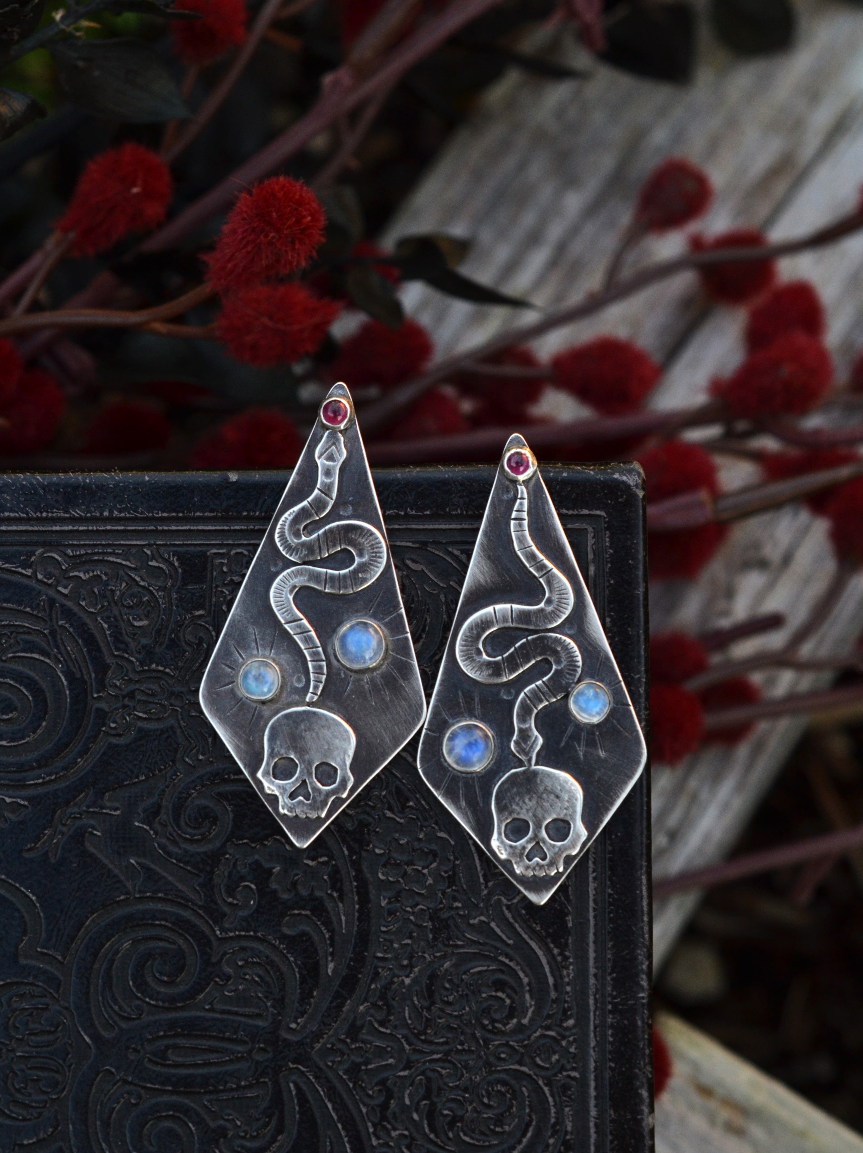 Winter's Darkness Skull/Snake Earrings. Post Style. Rainbow Moonstone