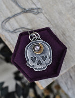 Made to Order. Heart Eyed Skull Charm - Black Mother of Pearl Crescent Moon - 18" Chain Included