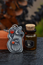 Witchy Cat with Pumpkin OOAK Necklace - 3 Carnelian Gemstones - 18" Chain