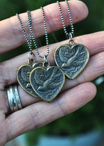 Tattoo Heart Swallow Necklace - Double Sided - Brass Charm with 18" Sterling Silver Chain