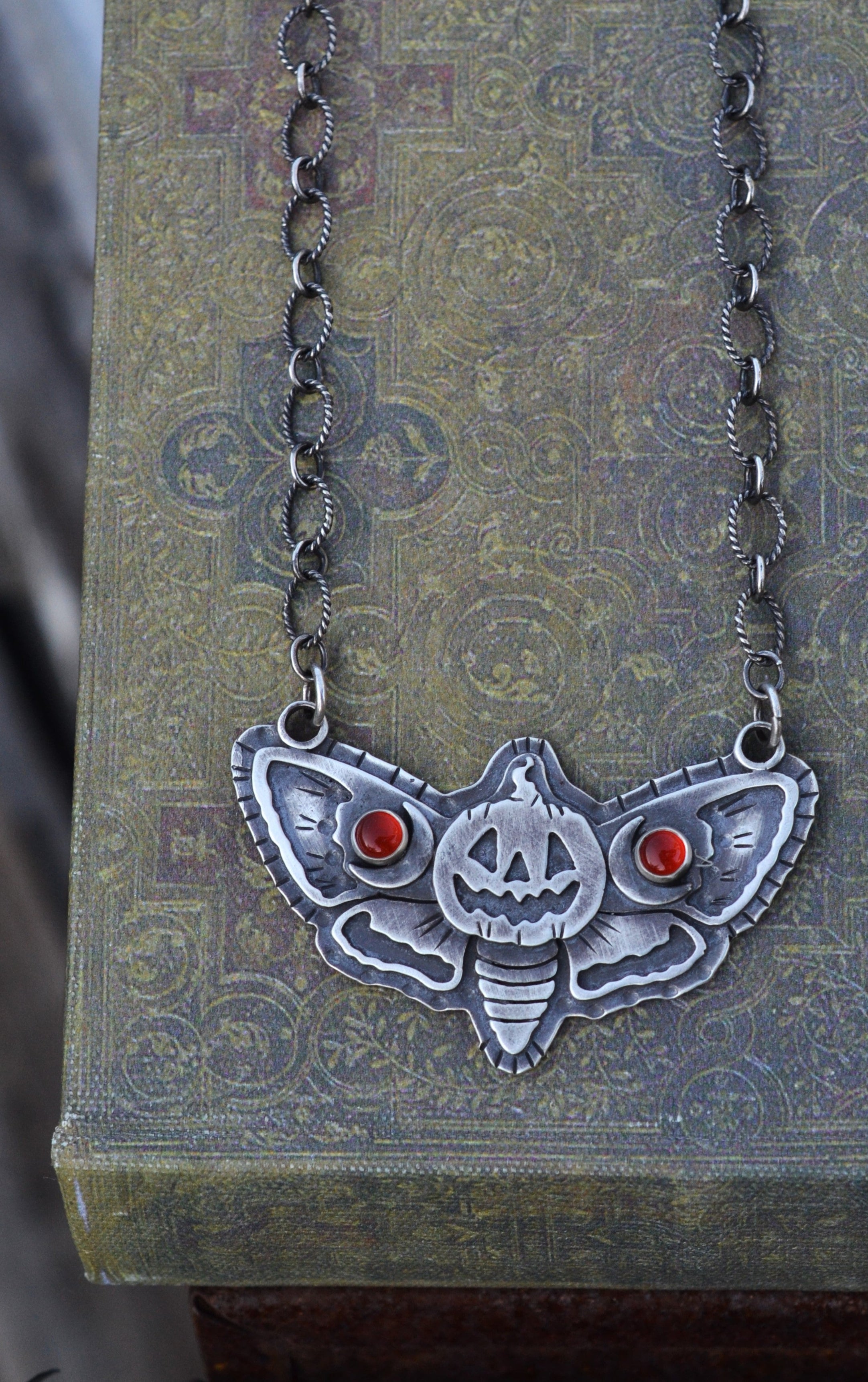 Jack-O-Lantern Moth- Carnelian - 16" Chain with 2" Extender to 18"