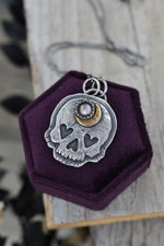 Made to Order. Heart Eyed Skull Charm - Black Mother of Pearl Crescent Moon - 18" Chain Included