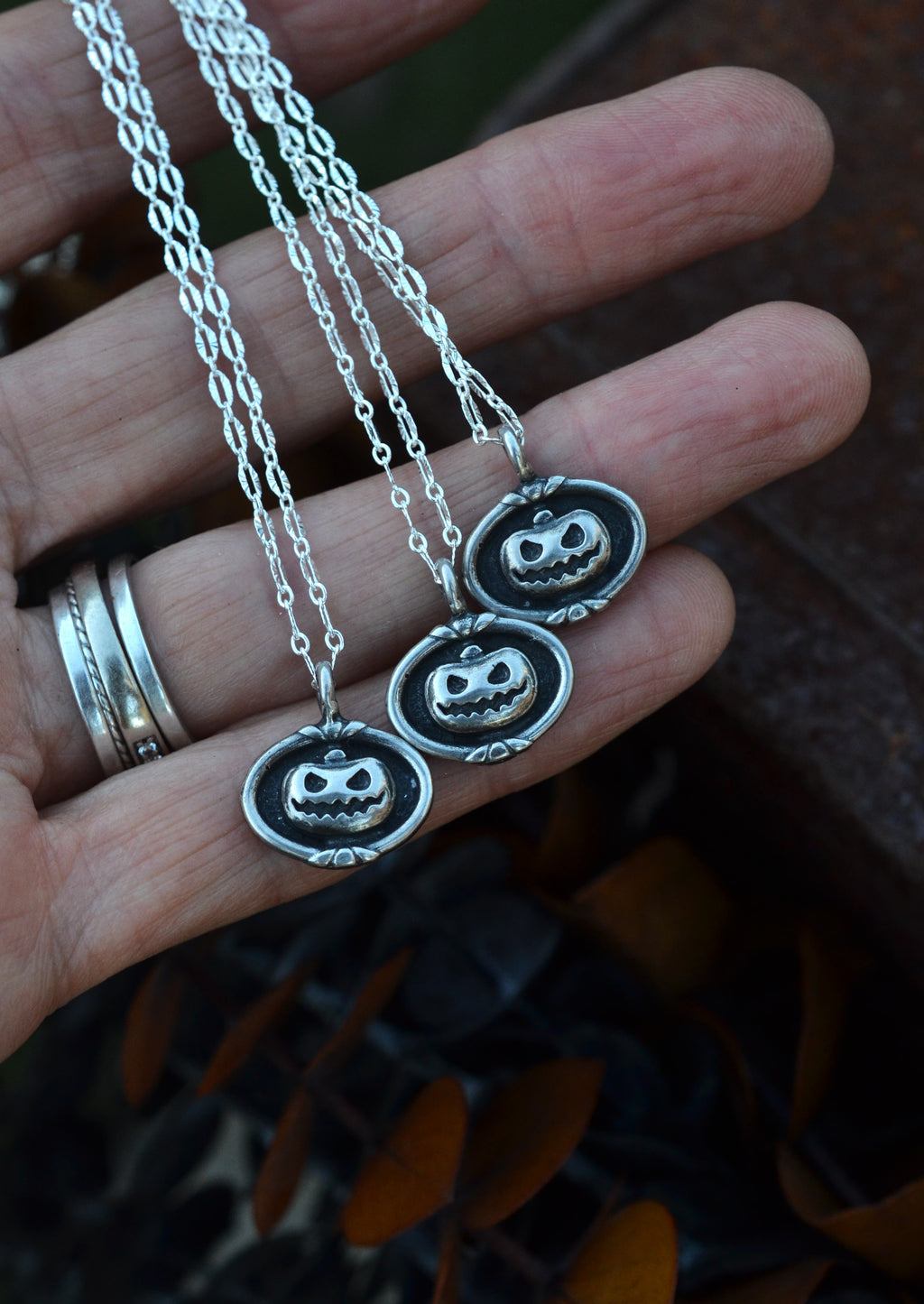 Jack-o-Lantern Cameo Charm Necklace - Sterling Silver - 18" or 20" Chain Included