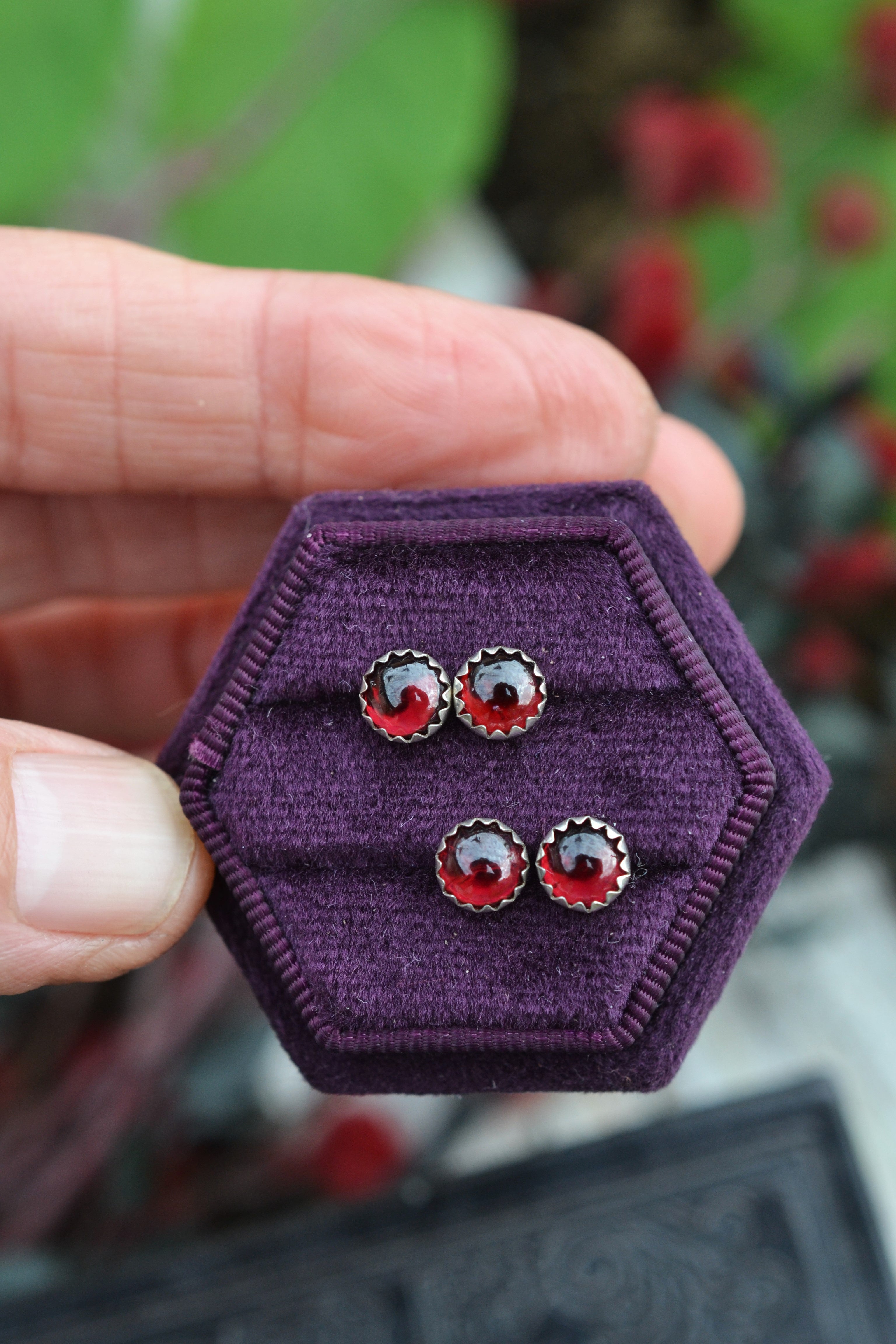 One Pair of Garnet Stud Earrings - 6mm Round - Sterling Silver