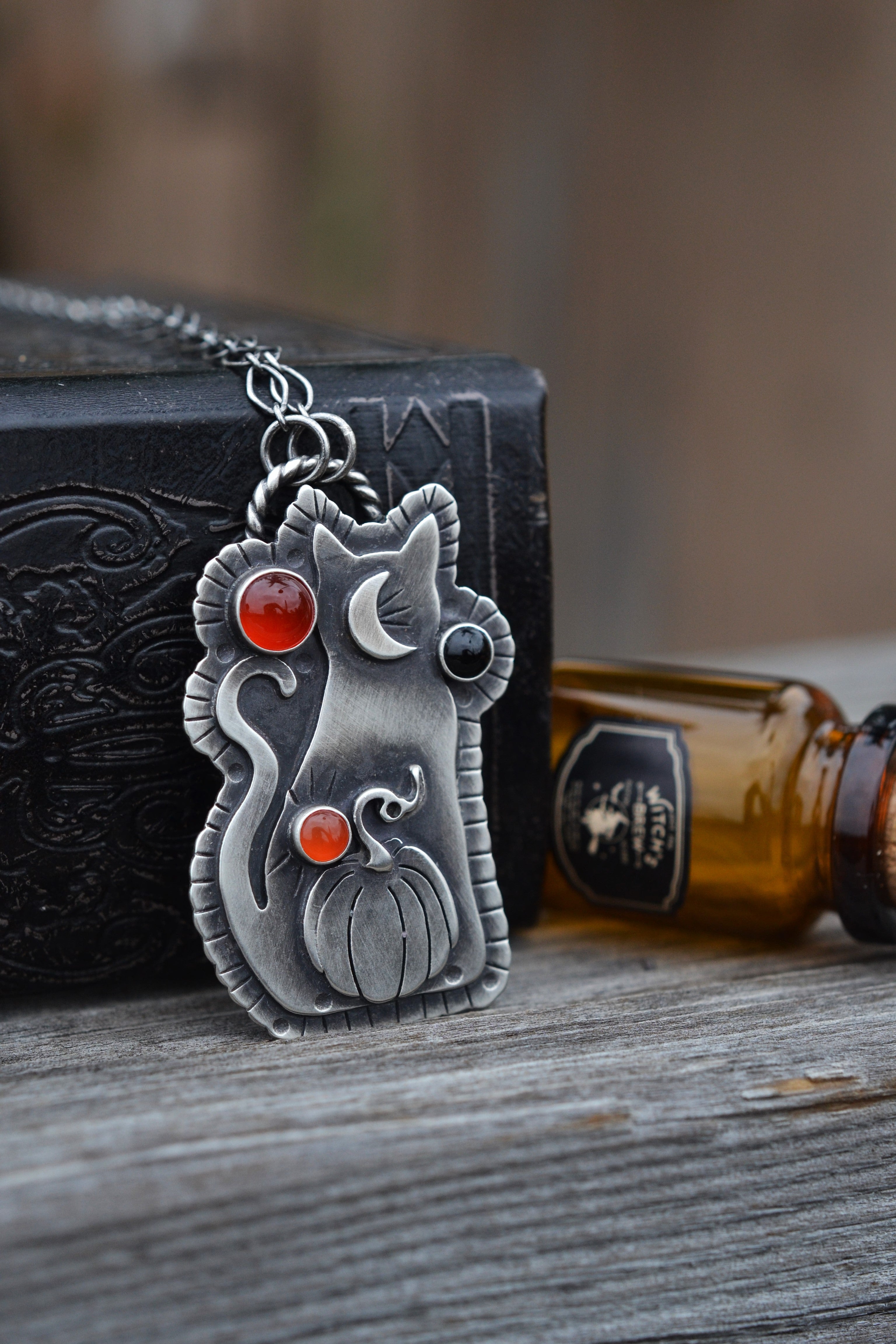 Witchy Cat with Pumpkin OOAK Necklace - 3 Carnelian Gemstones - 18" Chain