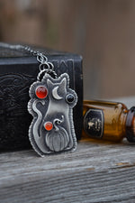 Witchy Cat with Pumpkin OOAK Necklace - 3 Carnelian Gemstones - 18" Chain