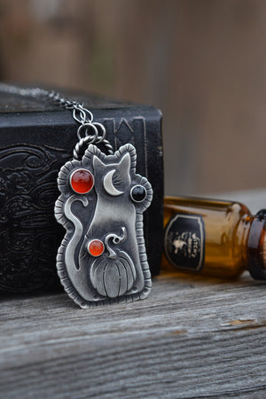 Witchy Cat with Pumpkin OOAK Necklace - 3 Carnelian Gemstones - 18" Chain