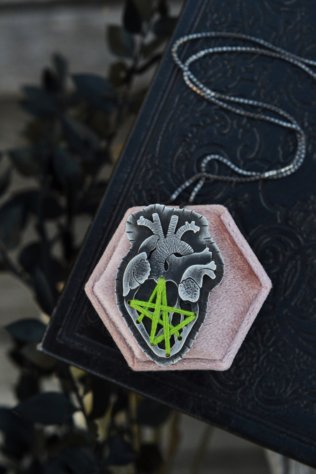 Large Mended Anatomical Heart - Lime Green Thread - 24” Chain Included