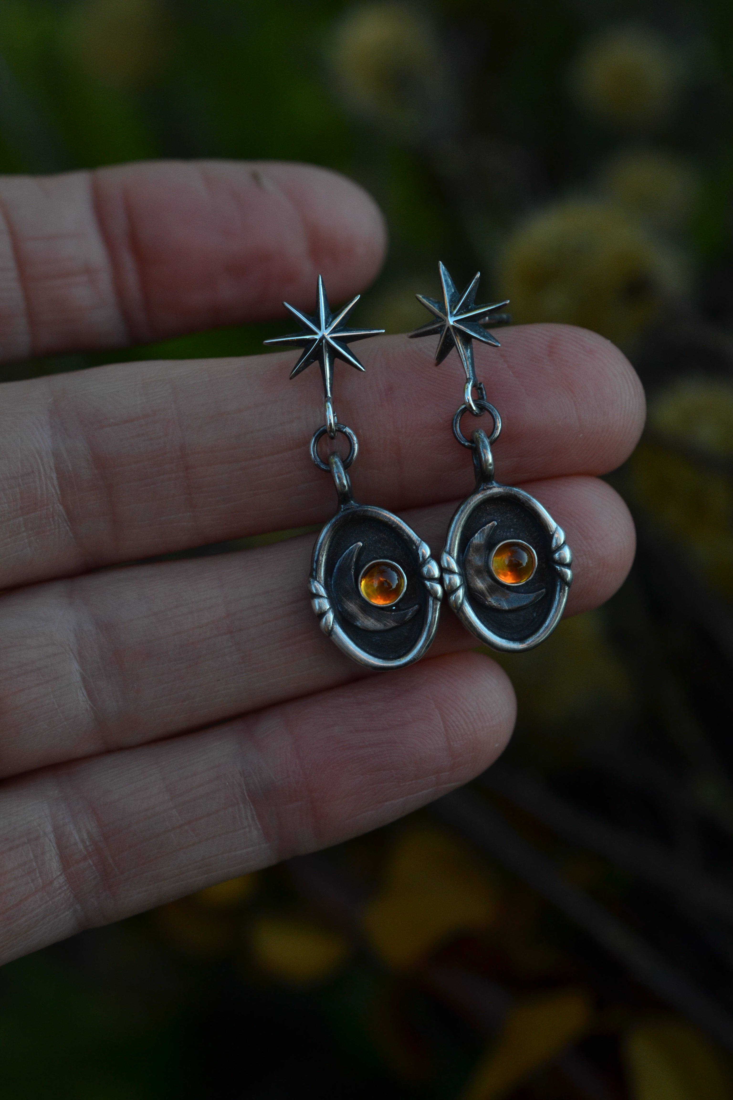 Crescent Moon Cosmos Earrings - Post Style - Choose from Black Onyx, Carnelian or Citrine