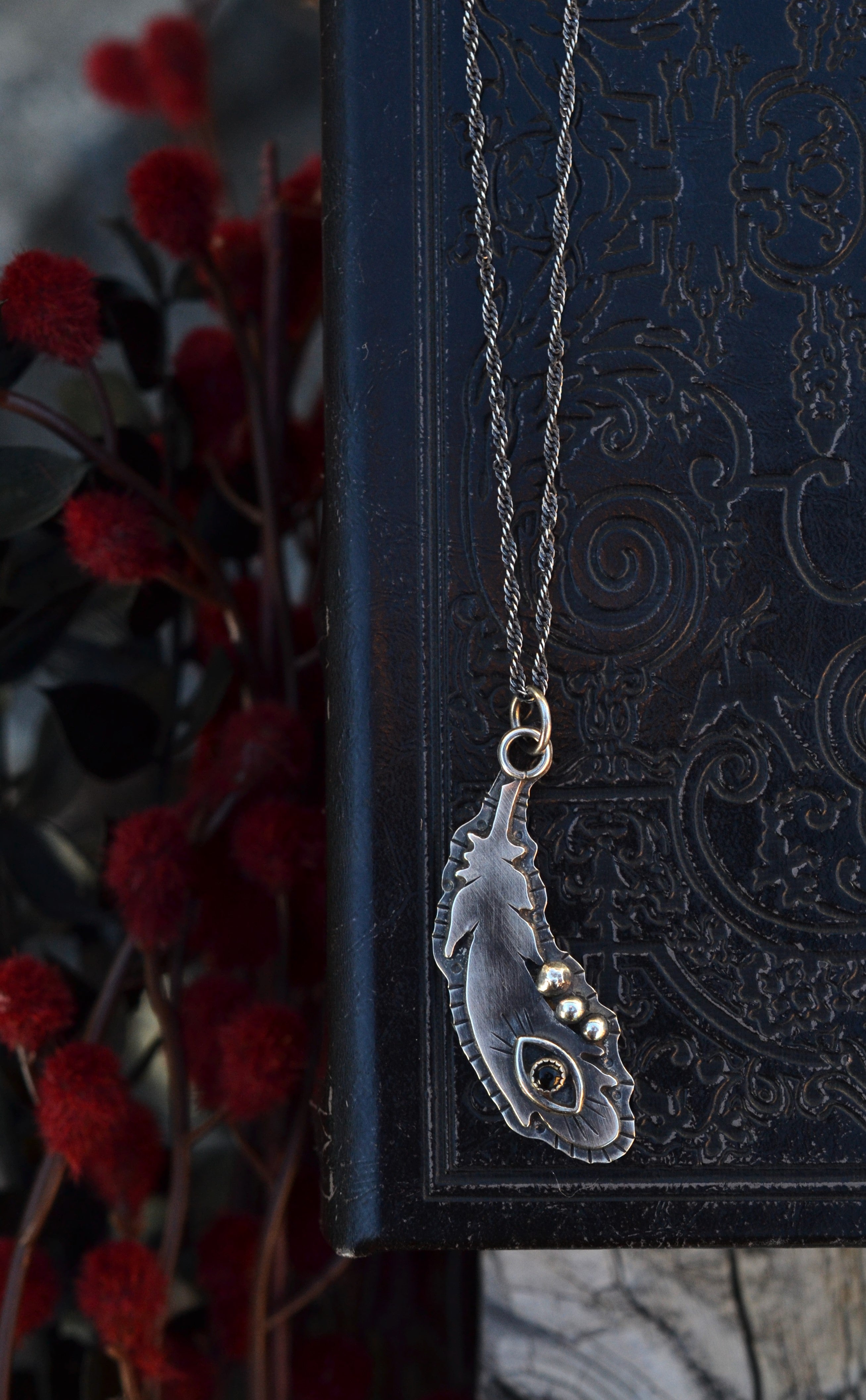 All Seeing Eye Feather Pendant - Black Onyx - 20" Chain