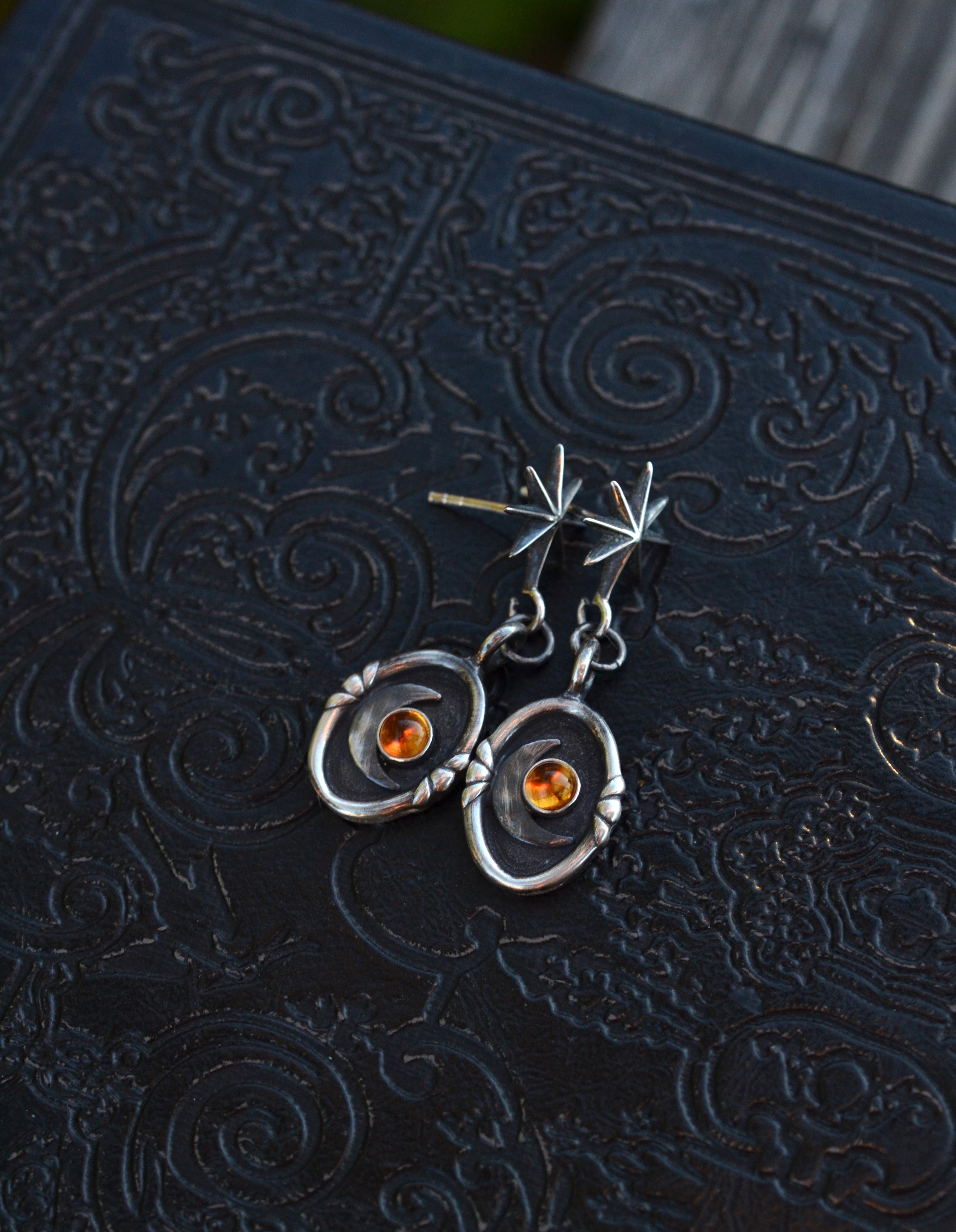 Crescent Moon Cosmos Earrings - Post Style - Choose from Black Onyx, Carnelian or Citrine