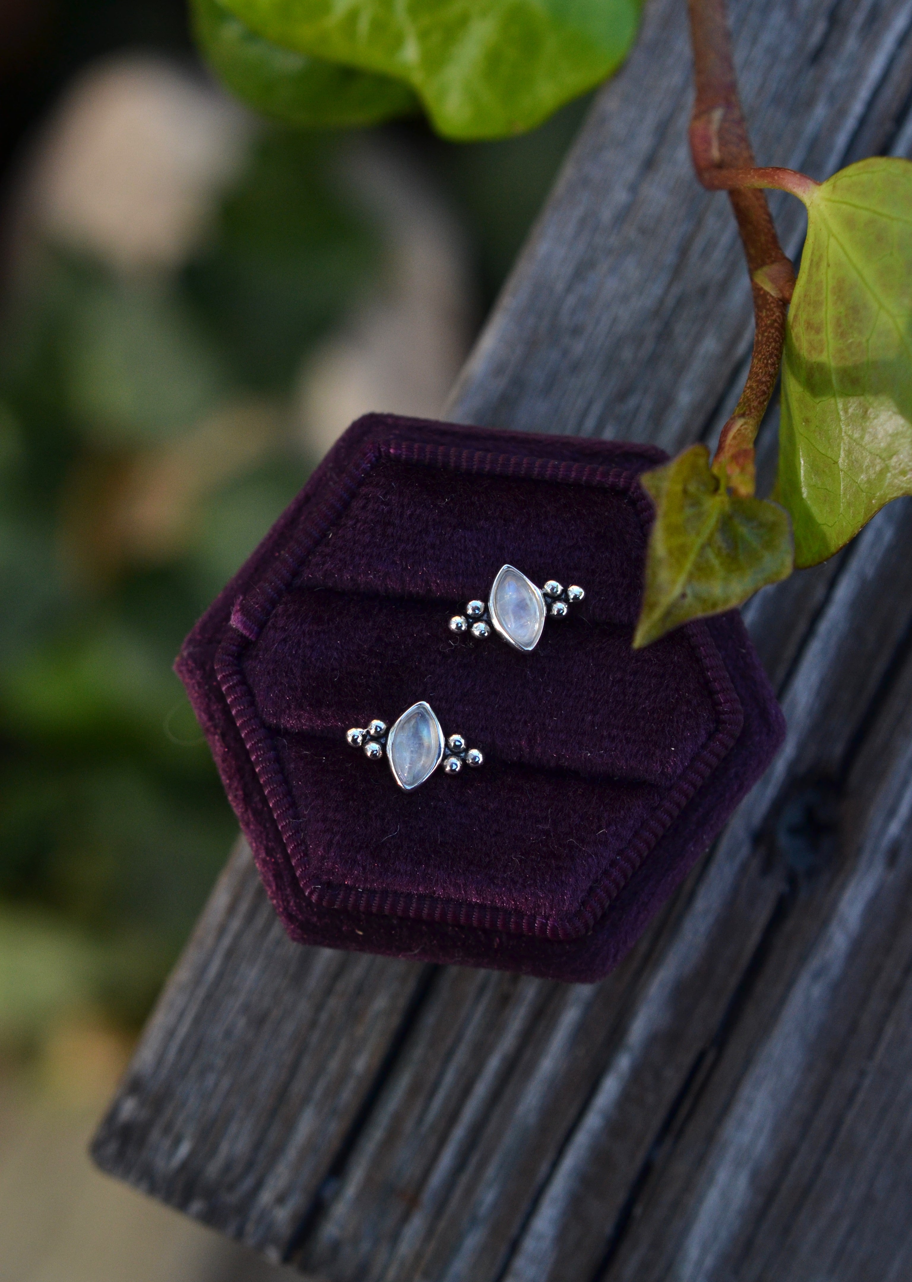 Winter's Snow Stud Earrings - Rainbow Moonstone - One pair