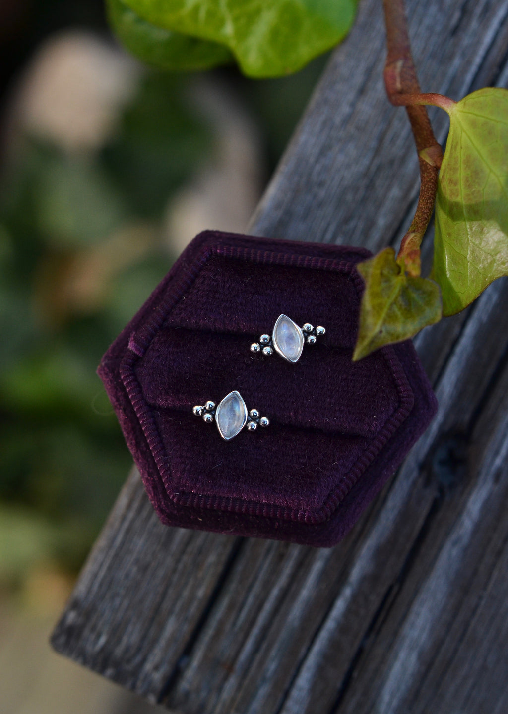 Winter's Snow Stud Earrings - Rainbow Moonstone - One pair