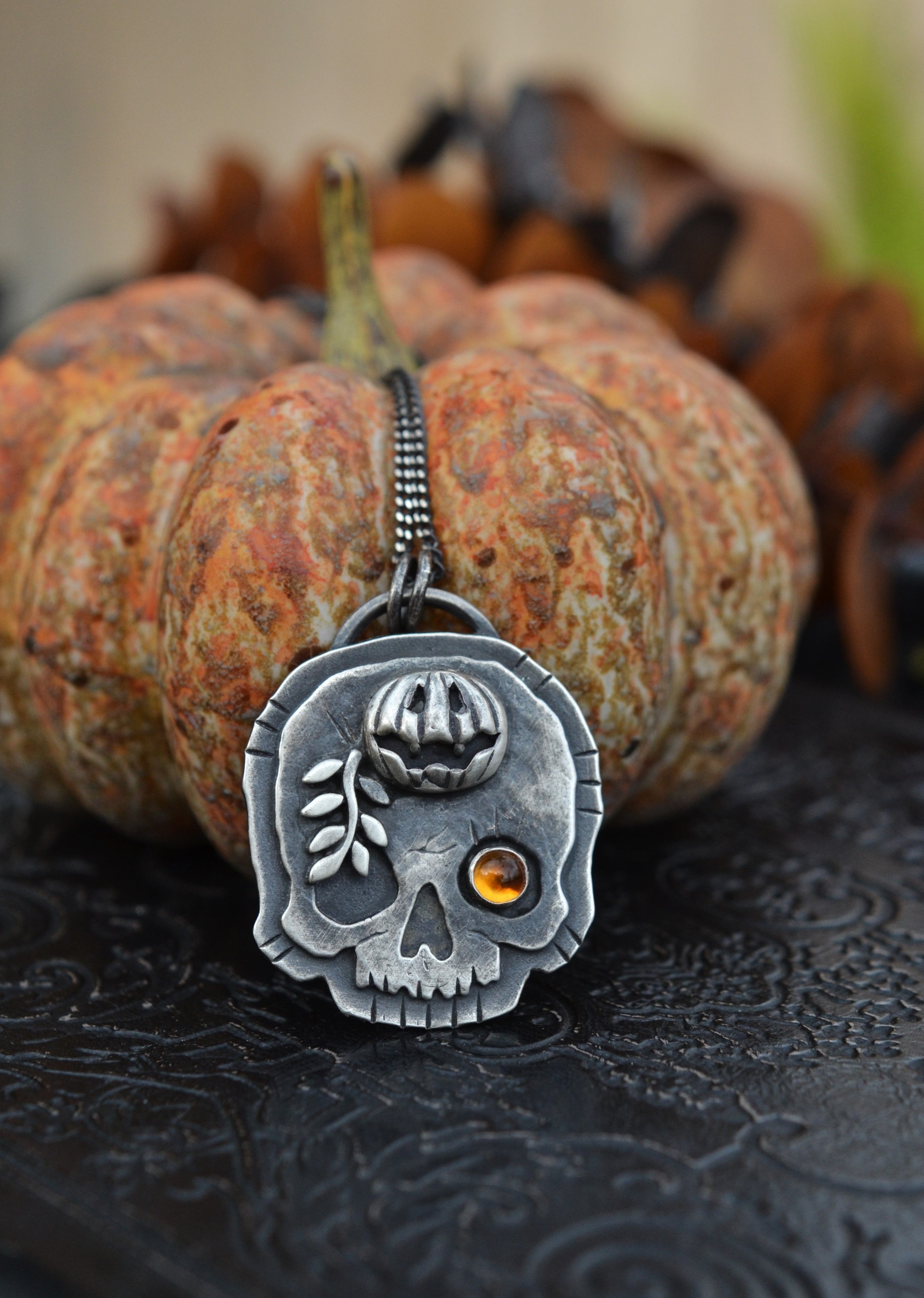 Halloween Skull Charm - Jolly Jack-O-Lantern with Vine - Citrine - 18" Chain