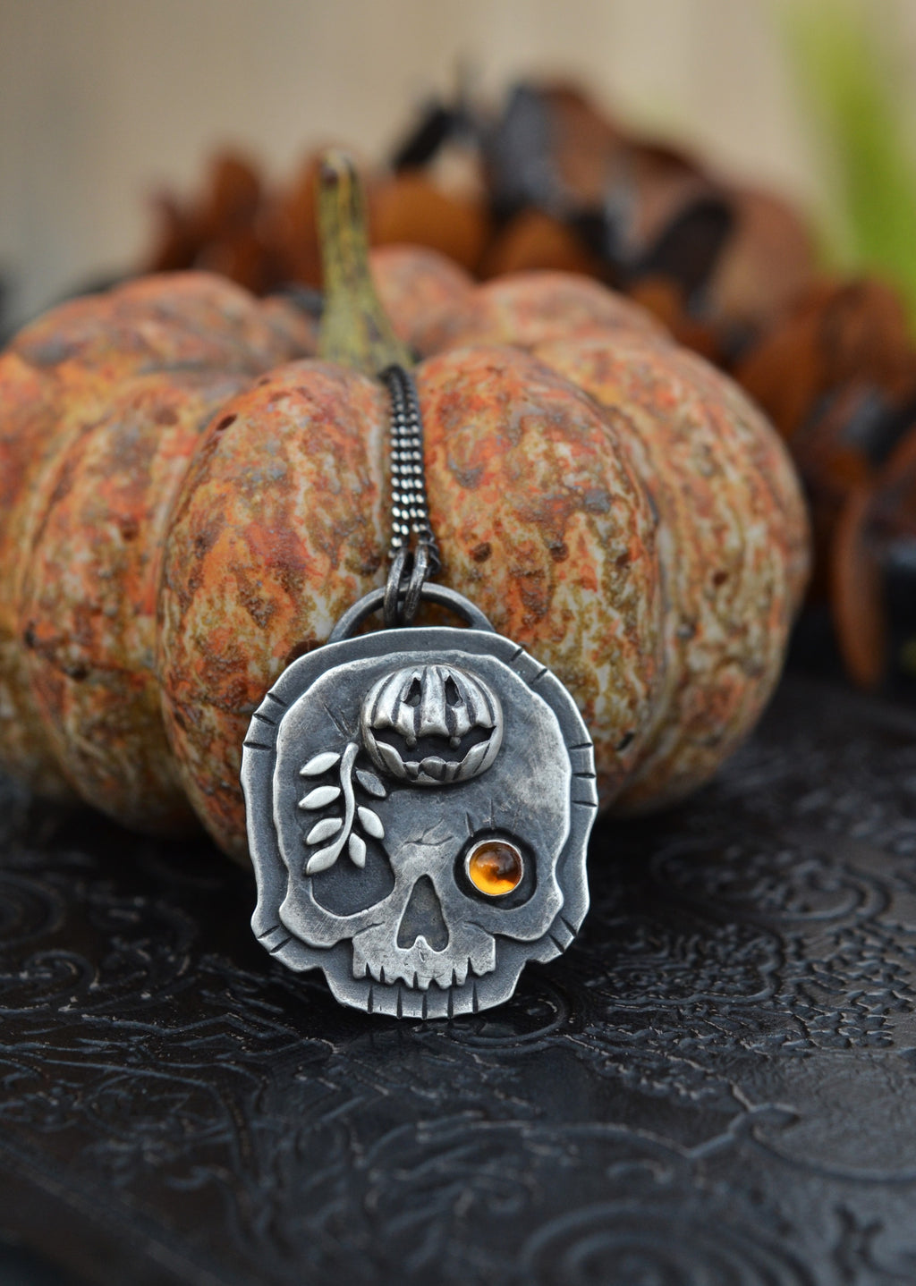 Halloween Skull Charm - Jolly Jack-O-Lantern with Vine - Citrine - 18" Chain