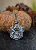 Halloween Skull Charm - Jolly Jack-O-Lantern with Vine - Citrine - 18" Chain