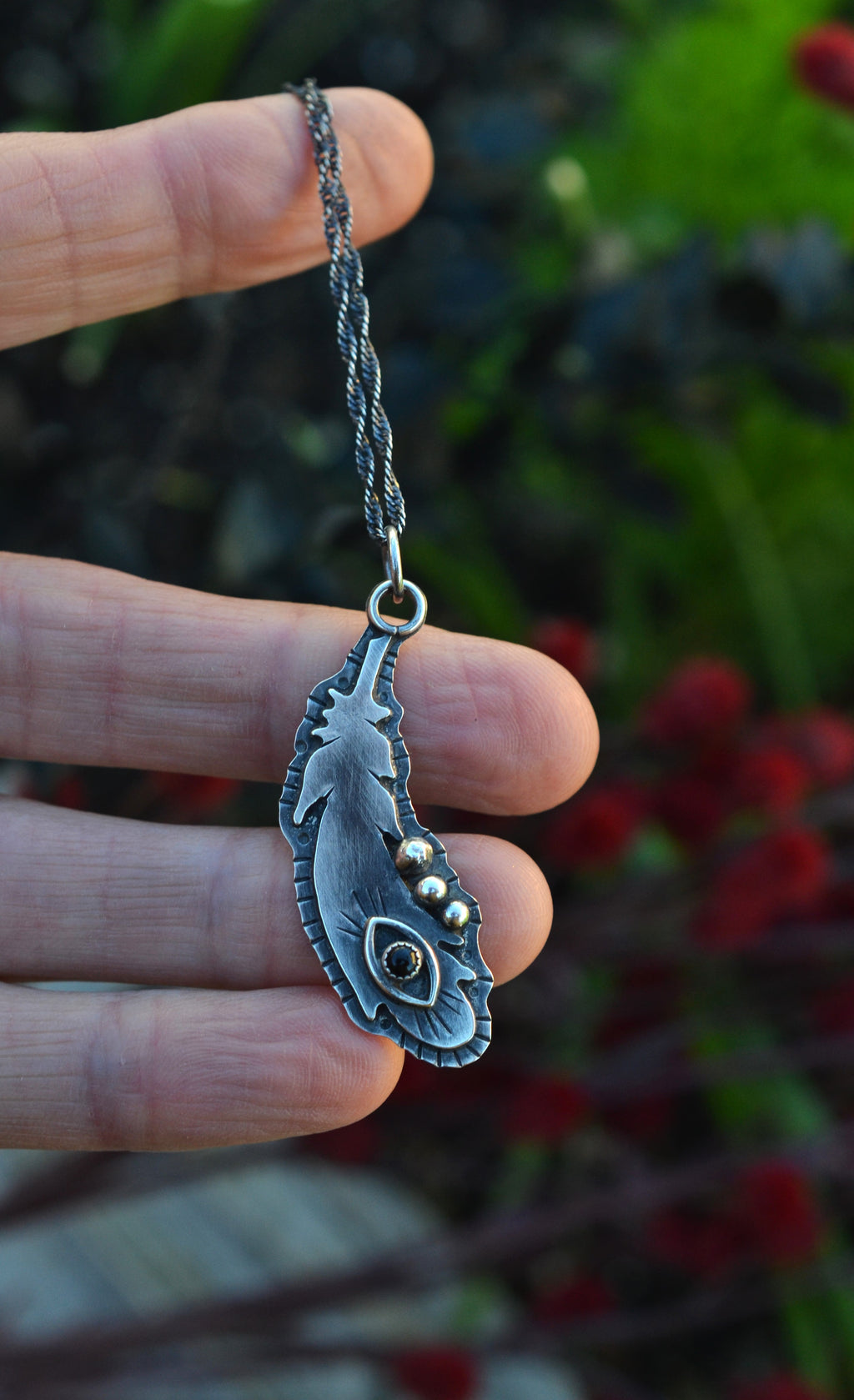 All Seeing Eye Feather Pendant - Black Onyx - 20" Chain