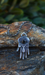 Crying Eye Heart Hand Charm - Black Onyx - 18" Chain Included