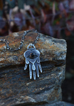 Crying Eye Heart Hand Charm - Black Onyx - 18" Chain Included