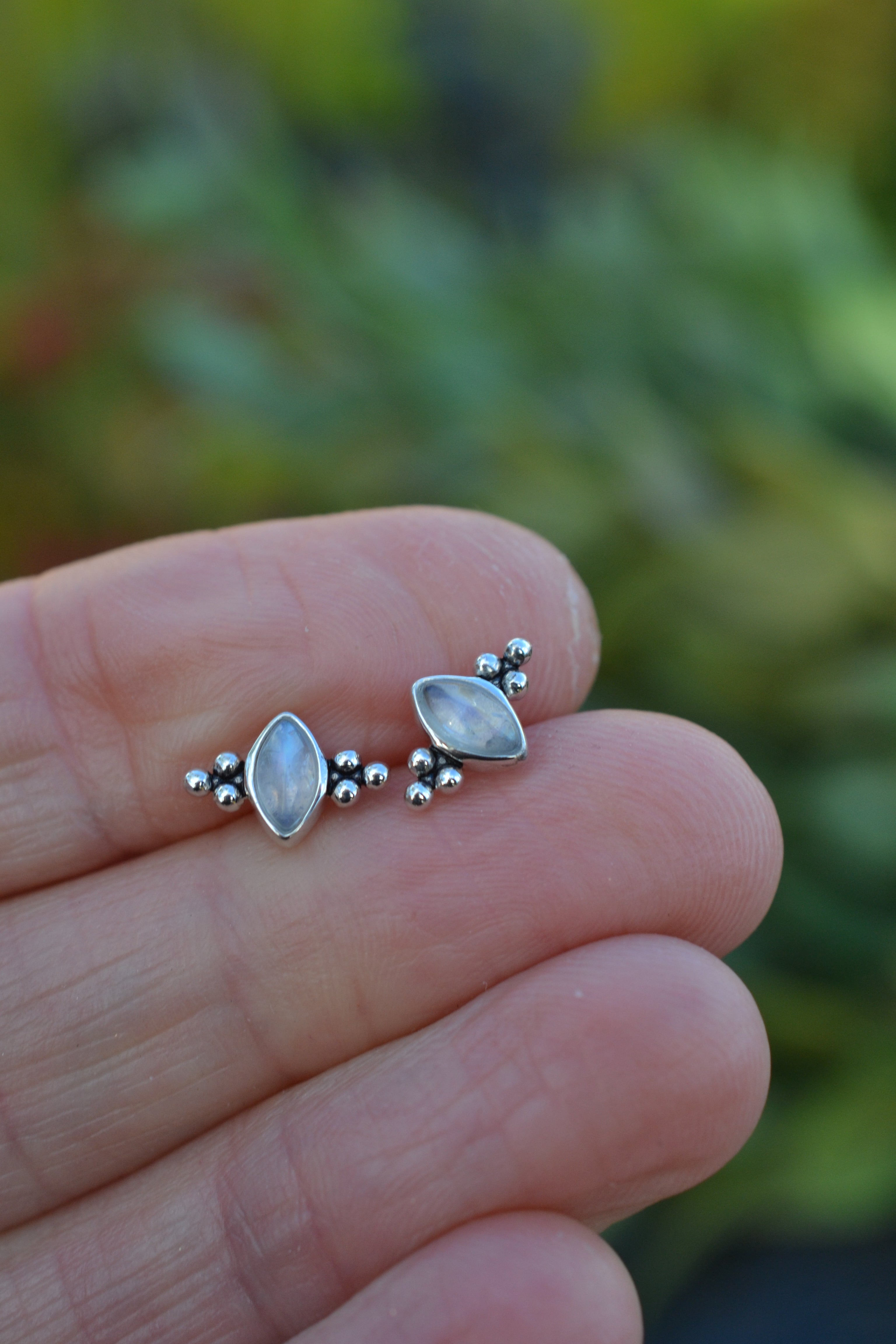 Winter's Snow Stud Earrings - Rainbow Moonstone - One pair