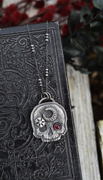 Skull Charm - Crescent Moon/Snowflake - Garnet - 18" Chain Included