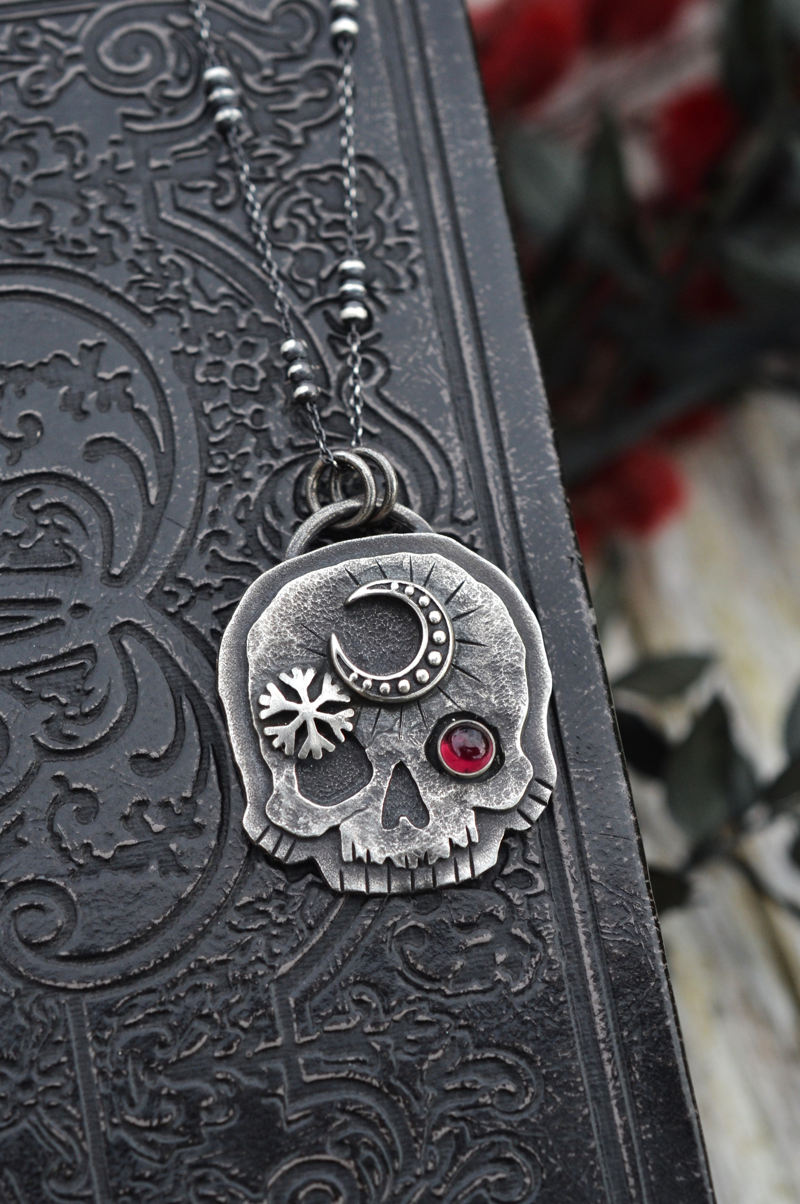 Skull Charm - Crescent Moon/Snowflake - Garnet - 18" Chain Included