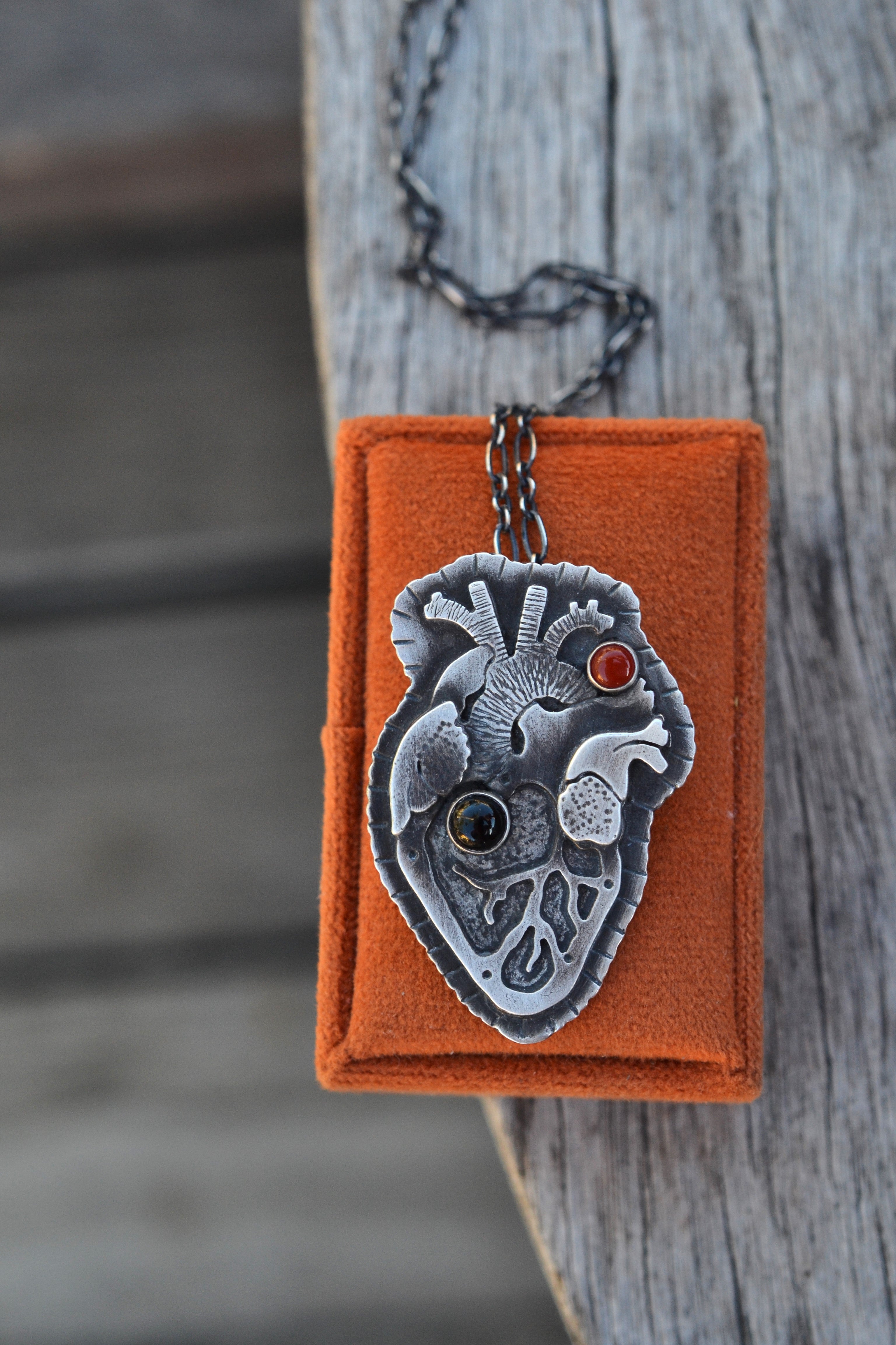 My Halloween Heart - Anatomical Heart - Black Onyx and Carnelian - Adjustable Chain at 18" and 20"