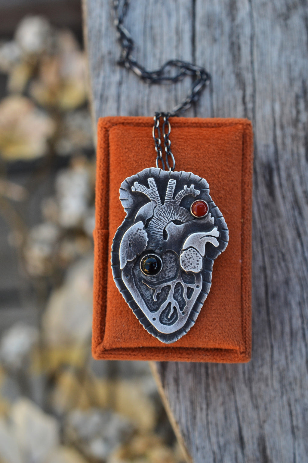 Dark Valentine - Anatomical Heart - Black Onyx and Carnelian - Adjustable Chain at 18" and 20"