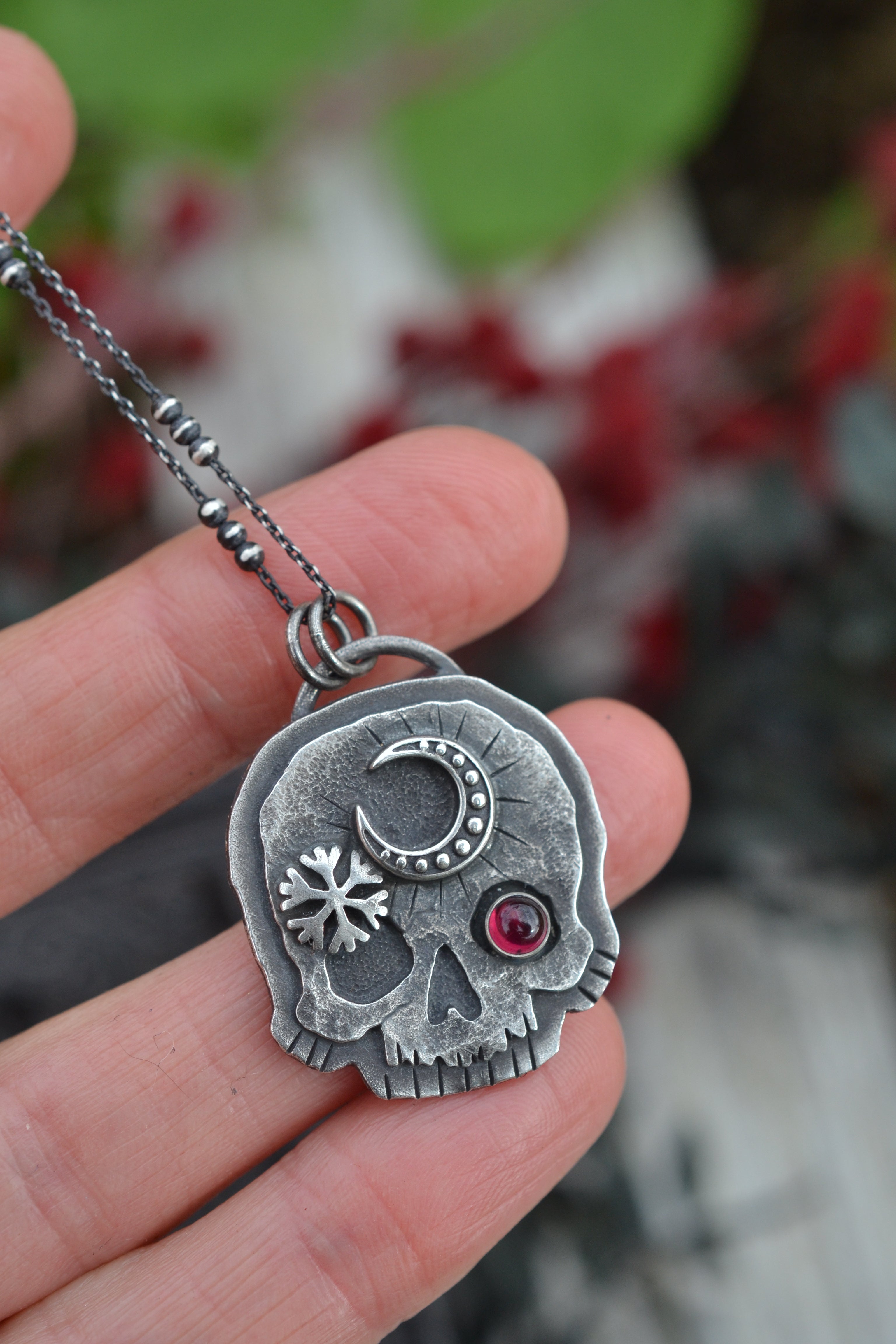 Skull Charm - Crescent Moon/Snowflake - Garnet - 18" Chain Included