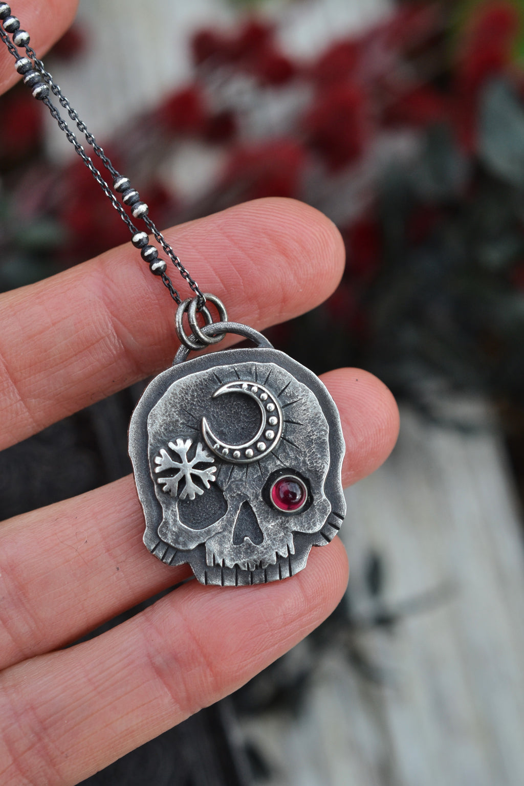 Skull Charm - Crescent Moon/Snowflake - Garnet - 18" Chain Included