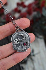 Skull Charm - Crescent Moon/Snowflake - Garnet - 18" Chain Included