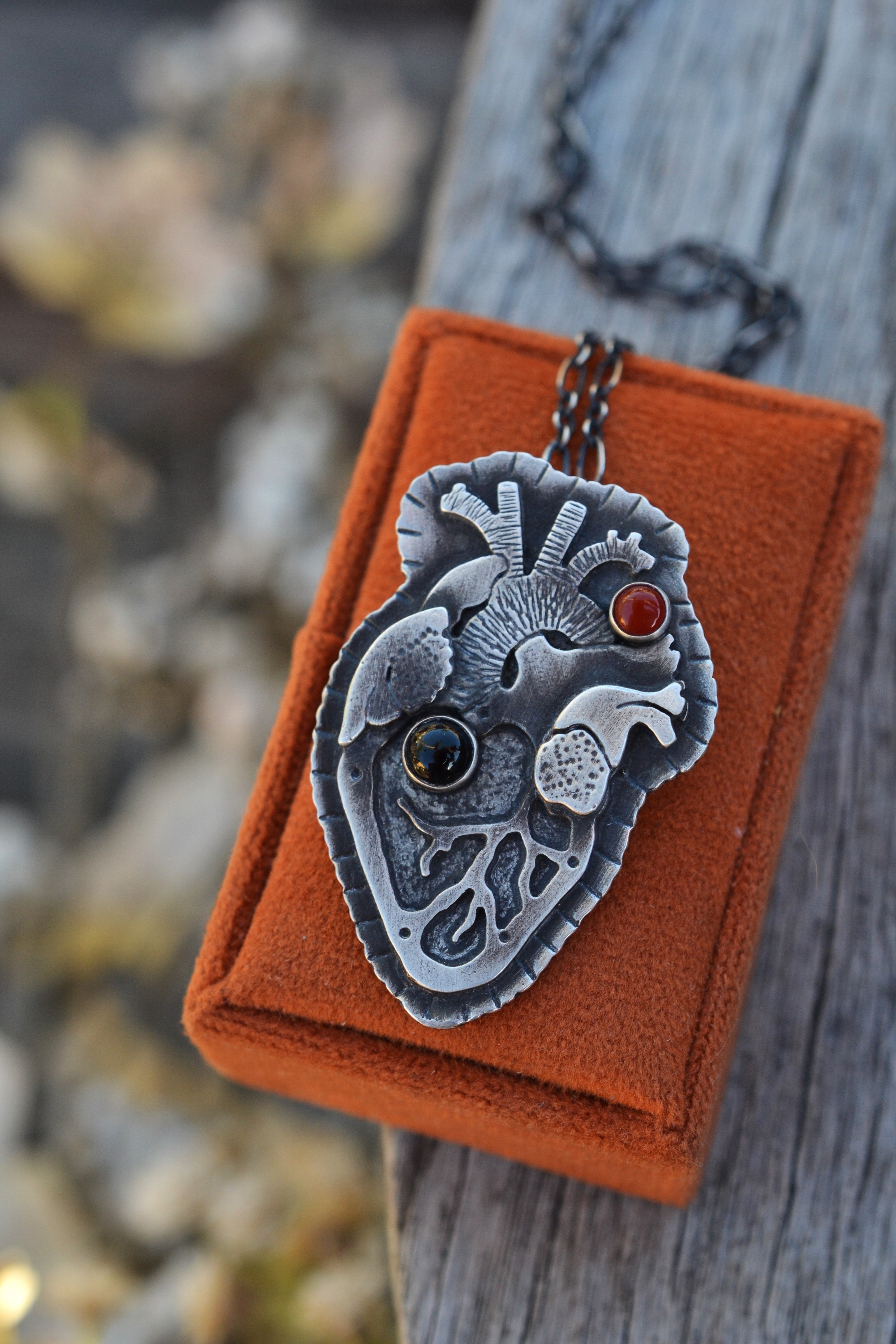 My Halloween Heart - Anatomical Heart - Black Onyx and Carnelian - Adjustable Chain at 18" and 20"