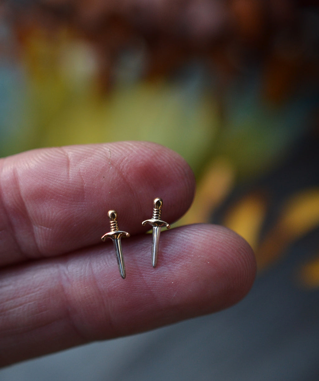 Tiny Dagger Studs - Sterling and Bronze Earrings