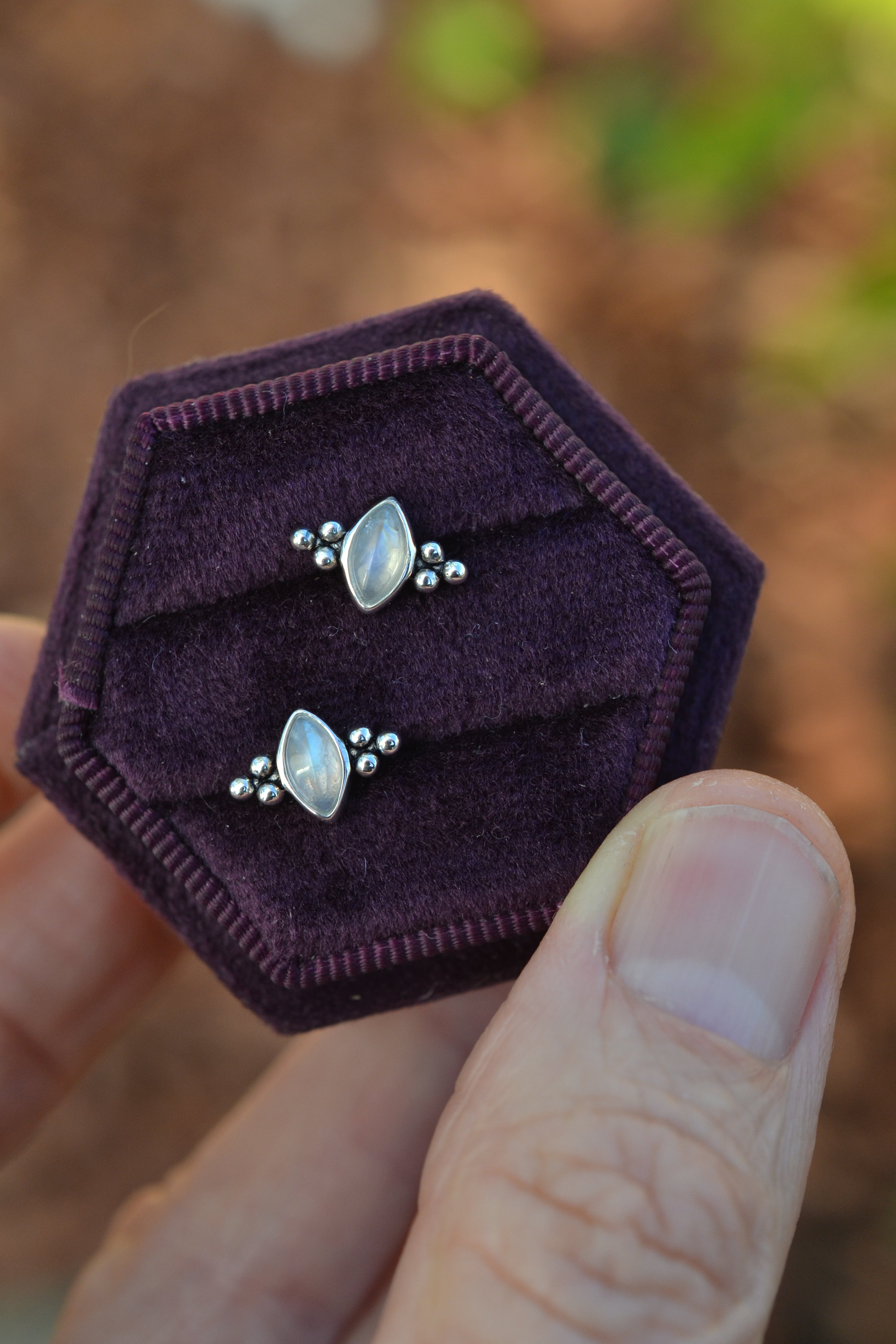 Winter's Snow Stud Earrings - Rainbow Moonstone - One pair