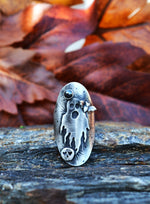 Ghastly Ghost Ring with Flying Bat and Skull  - Hematite  - Will Fit Like a Size 6.5