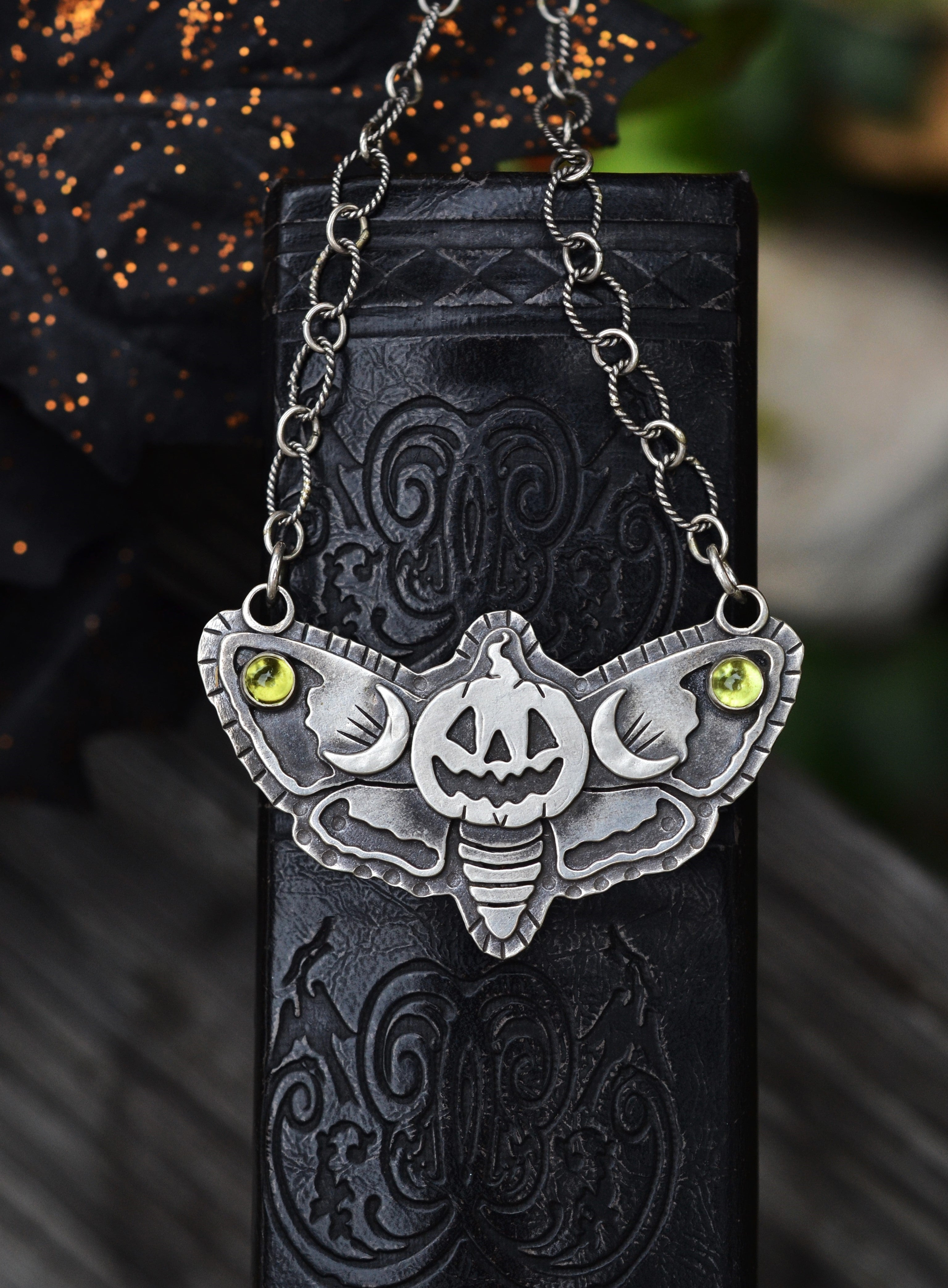 Jolly Jack-O-Lantern Moth- Peridot - 18" Chain Included