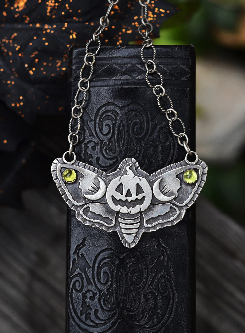 Jolly Jack-O-Lantern Moth- Peridot - 18" Chain Included