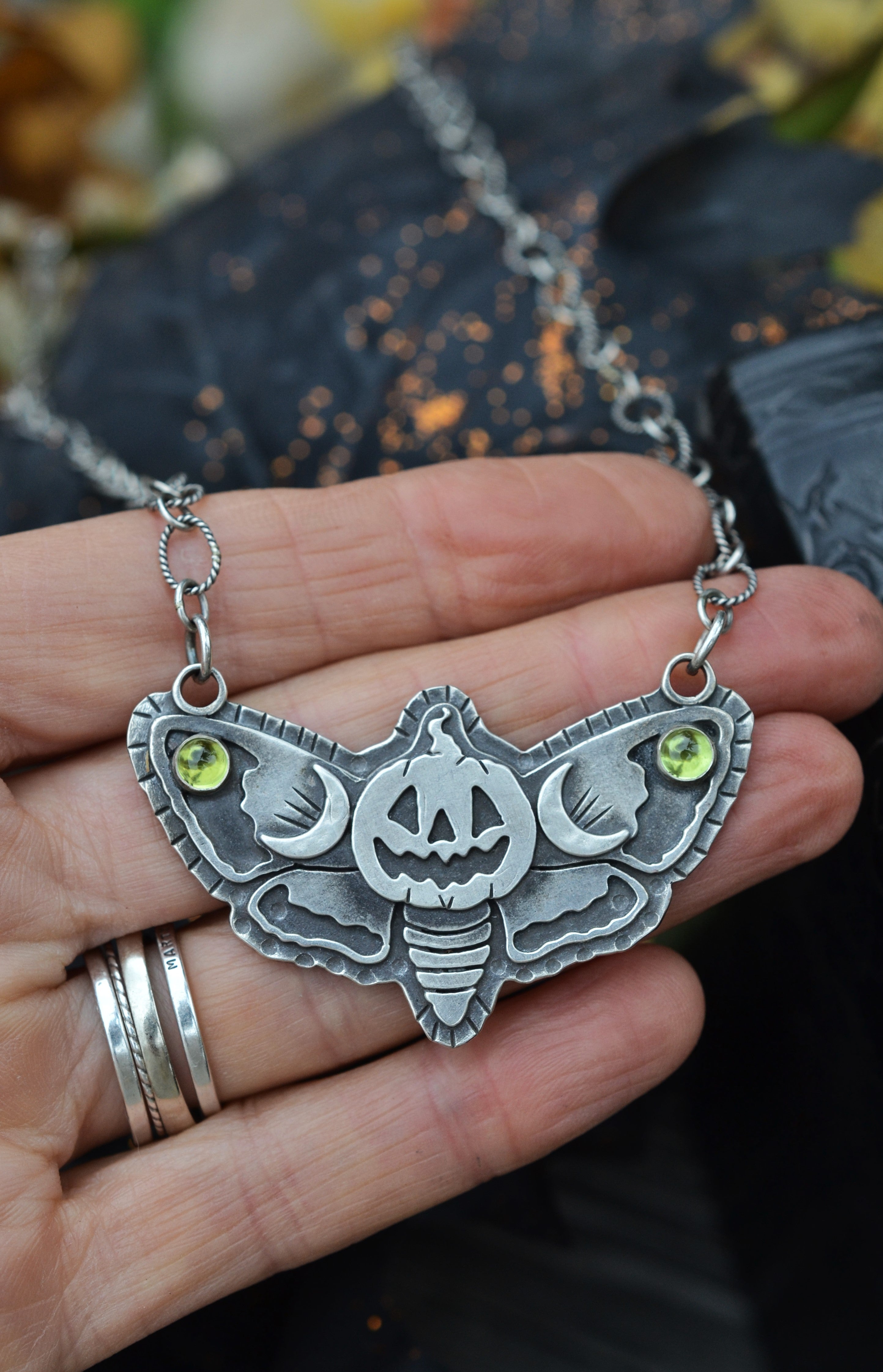Jolly Jack-O-Lantern Moth- Peridot - 18" Chain Included