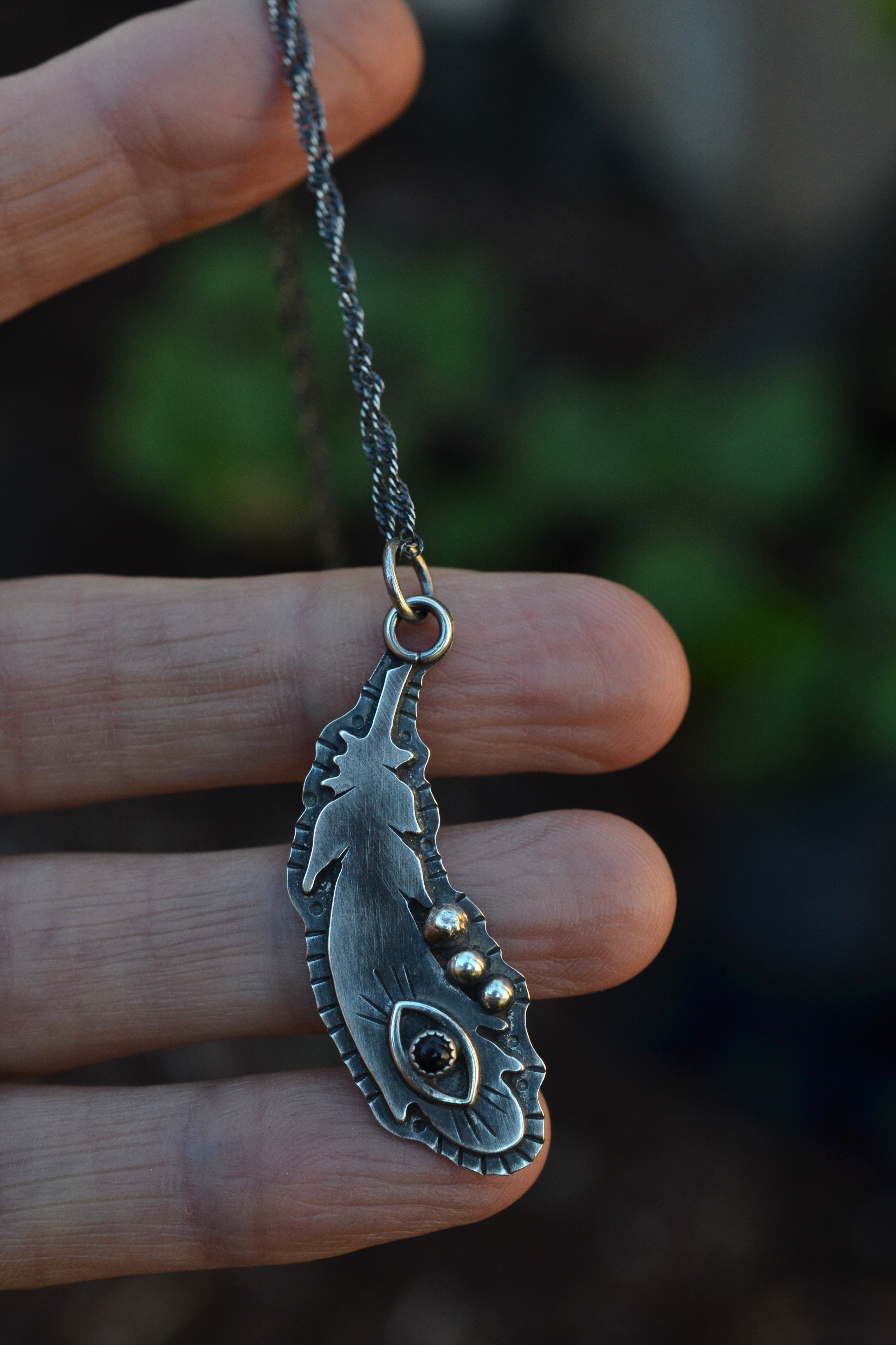 All Seeing Eye Feather Pendant - Black Onyx - 20" Chain