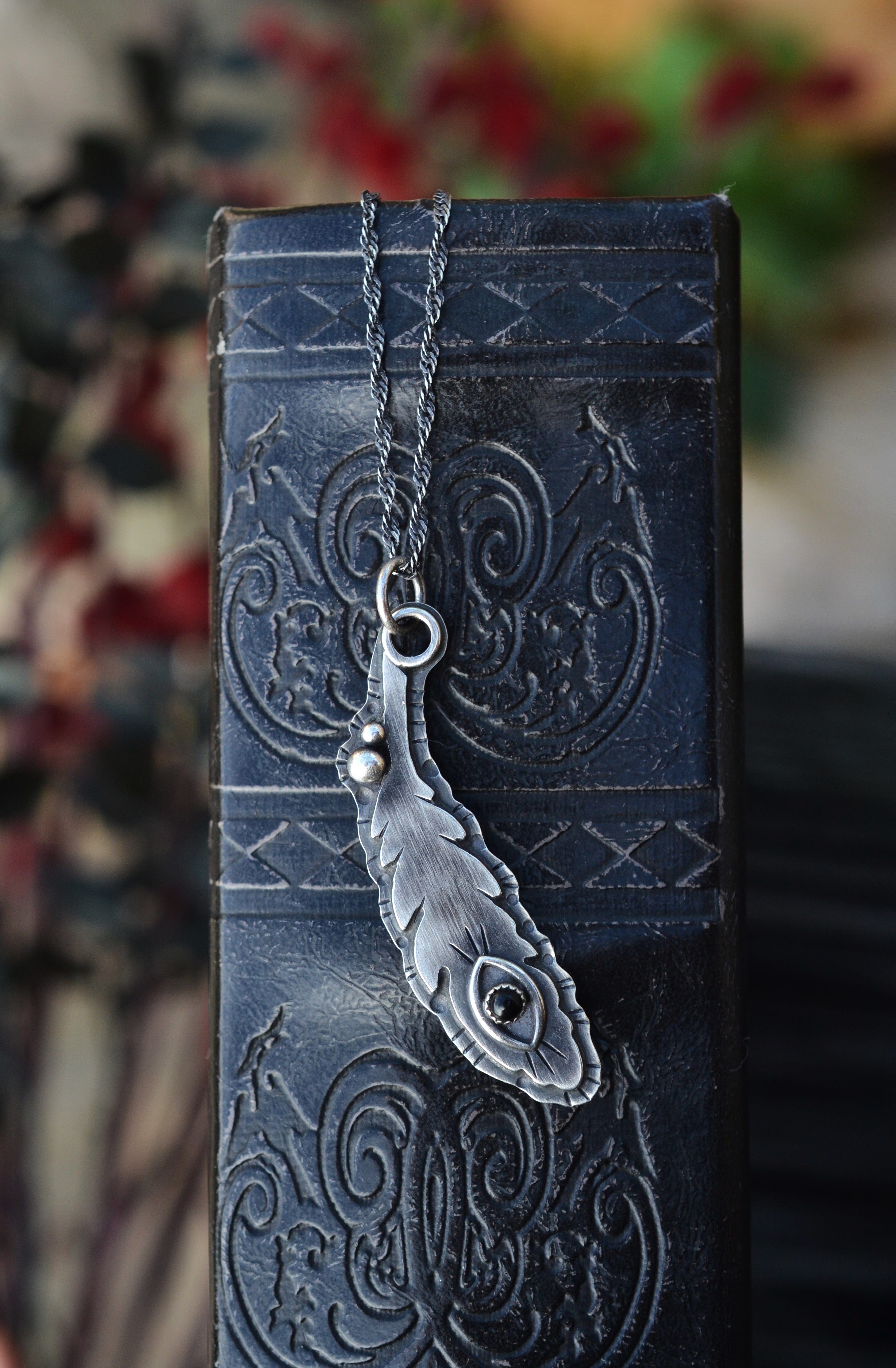 All Seeing Eye Feather Pendant - Black Onyx - 20" Chain