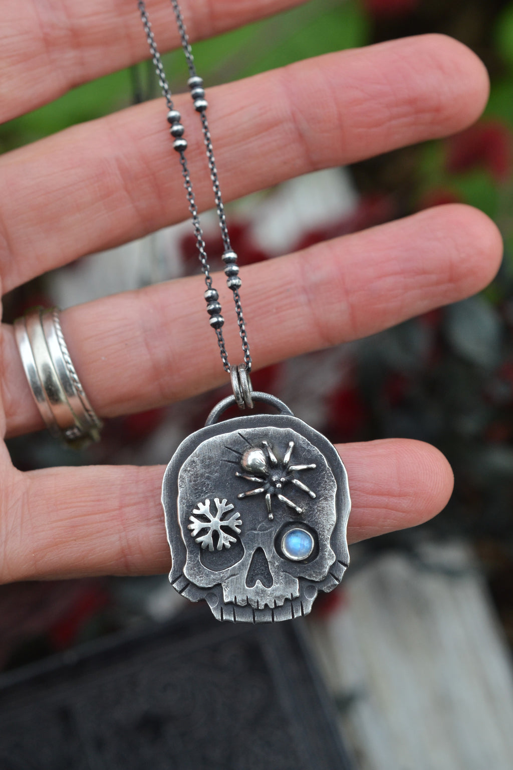 Skull Charm - Spider/Snowflake - Rainbow Moonstone - 18" Chain Included