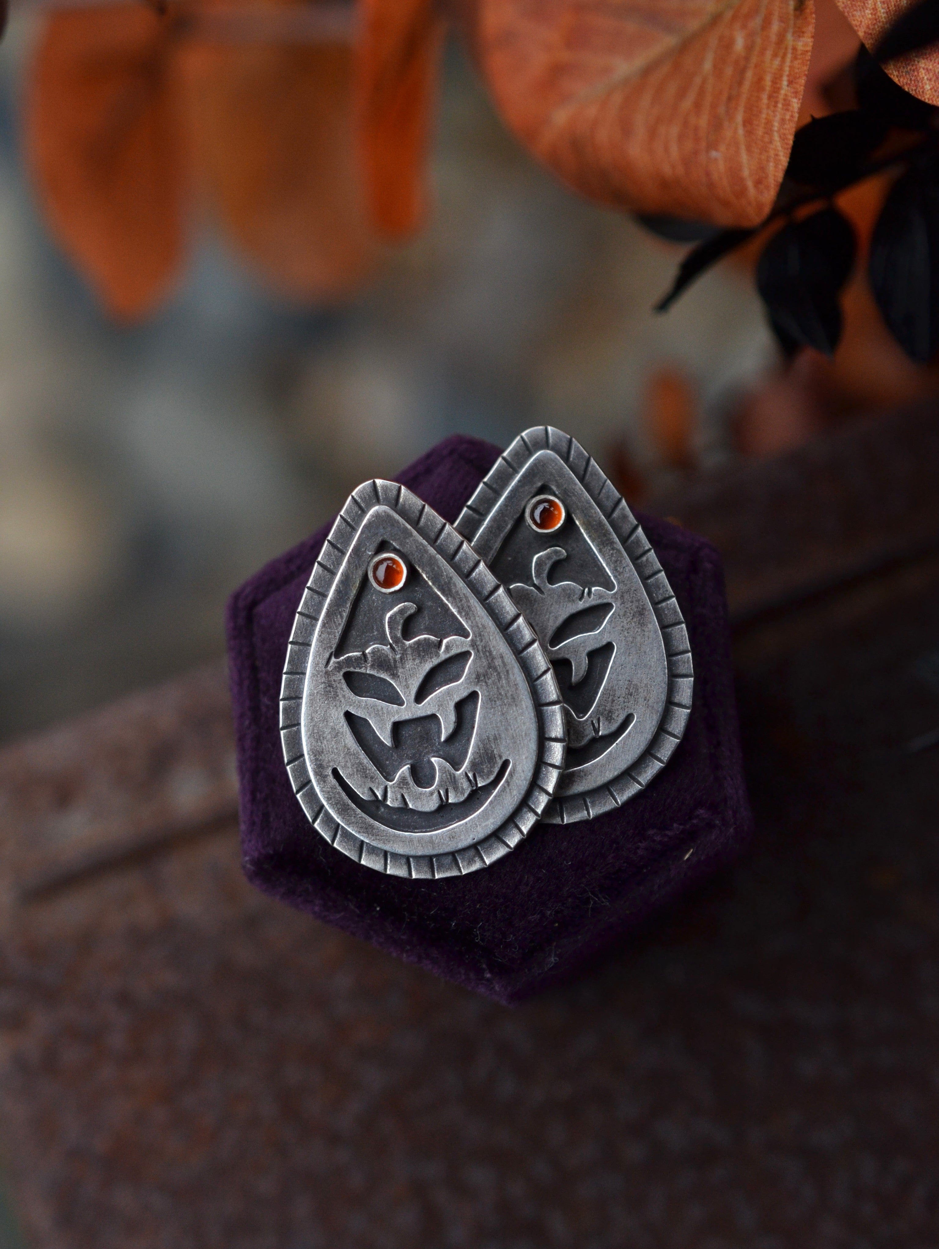 Jolly Jack-O-Lantern Post Style Earrings - Hessonite Garnet