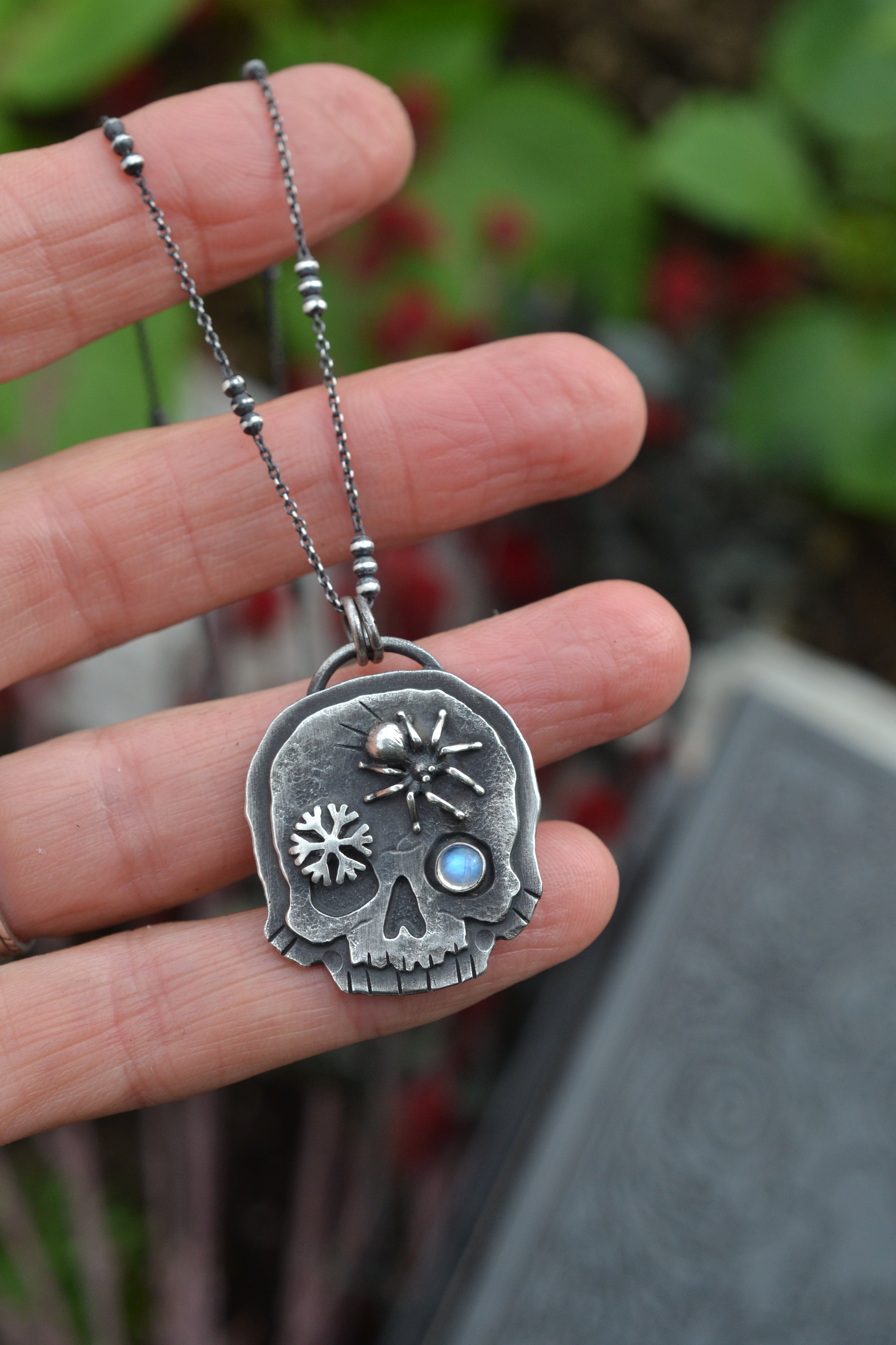 Skull Charm - Spider/Snowflake - Rainbow Moonstone - 18" Chain Included