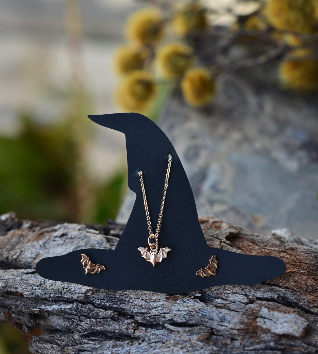 Bronze Bat SET. One Charm Necklace and a set of Matching Stud Earrings