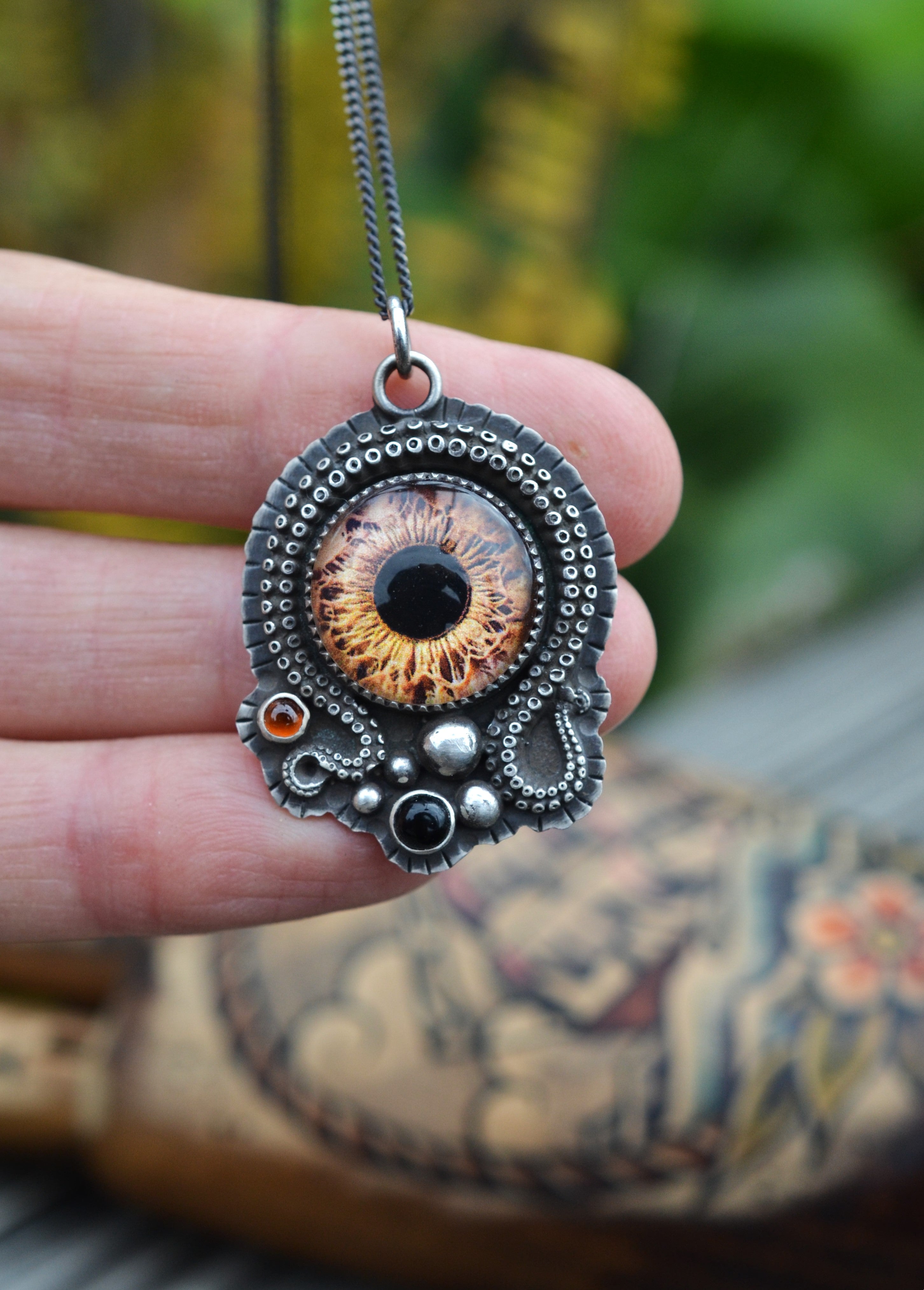 Kraken Necklace - Deep Sea Eye  - Carnelian and Black Onyx - 24" Curb Chain Included
