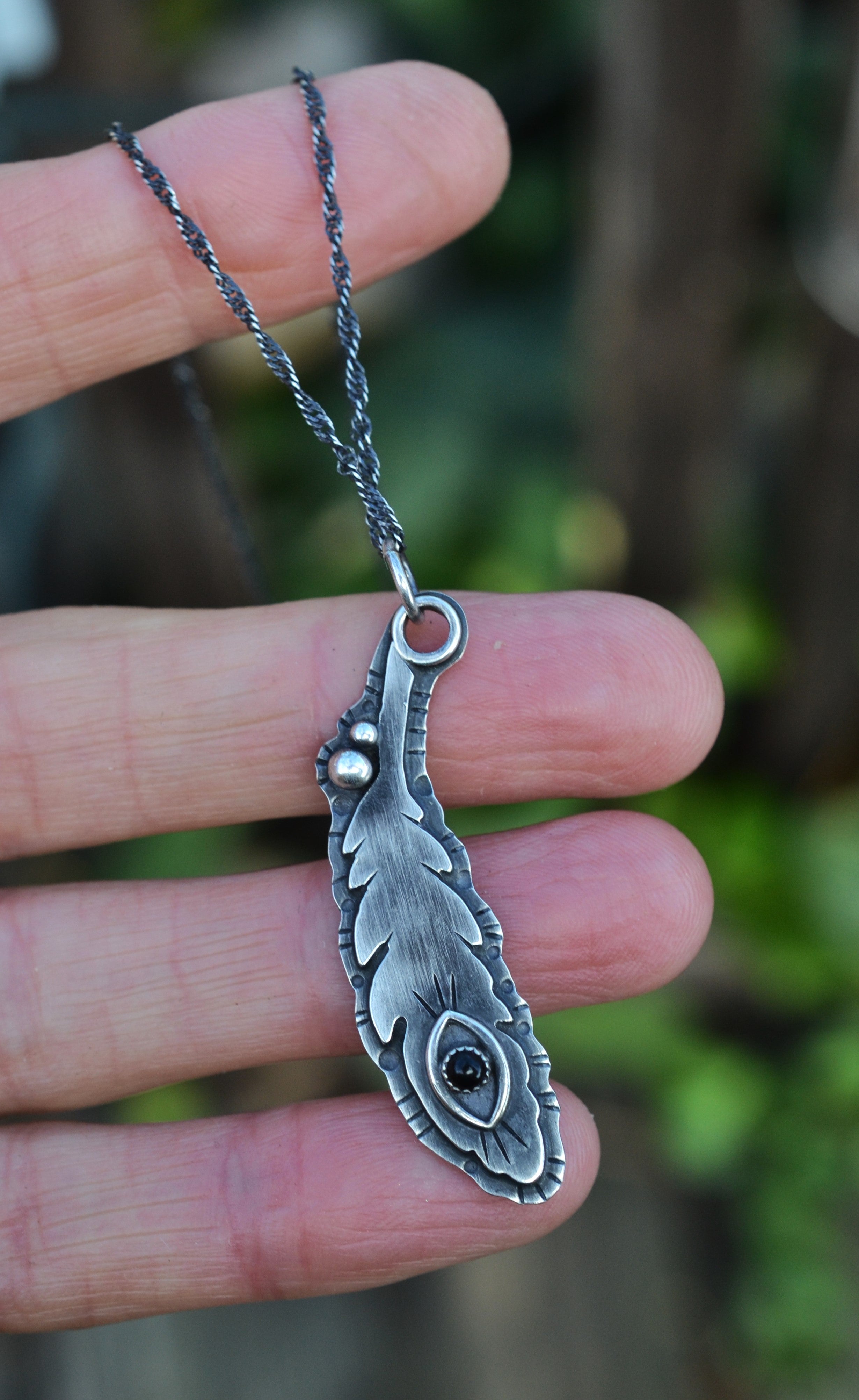 All Seeing Eye Feather Pendant - Black Onyx - 20" Chain