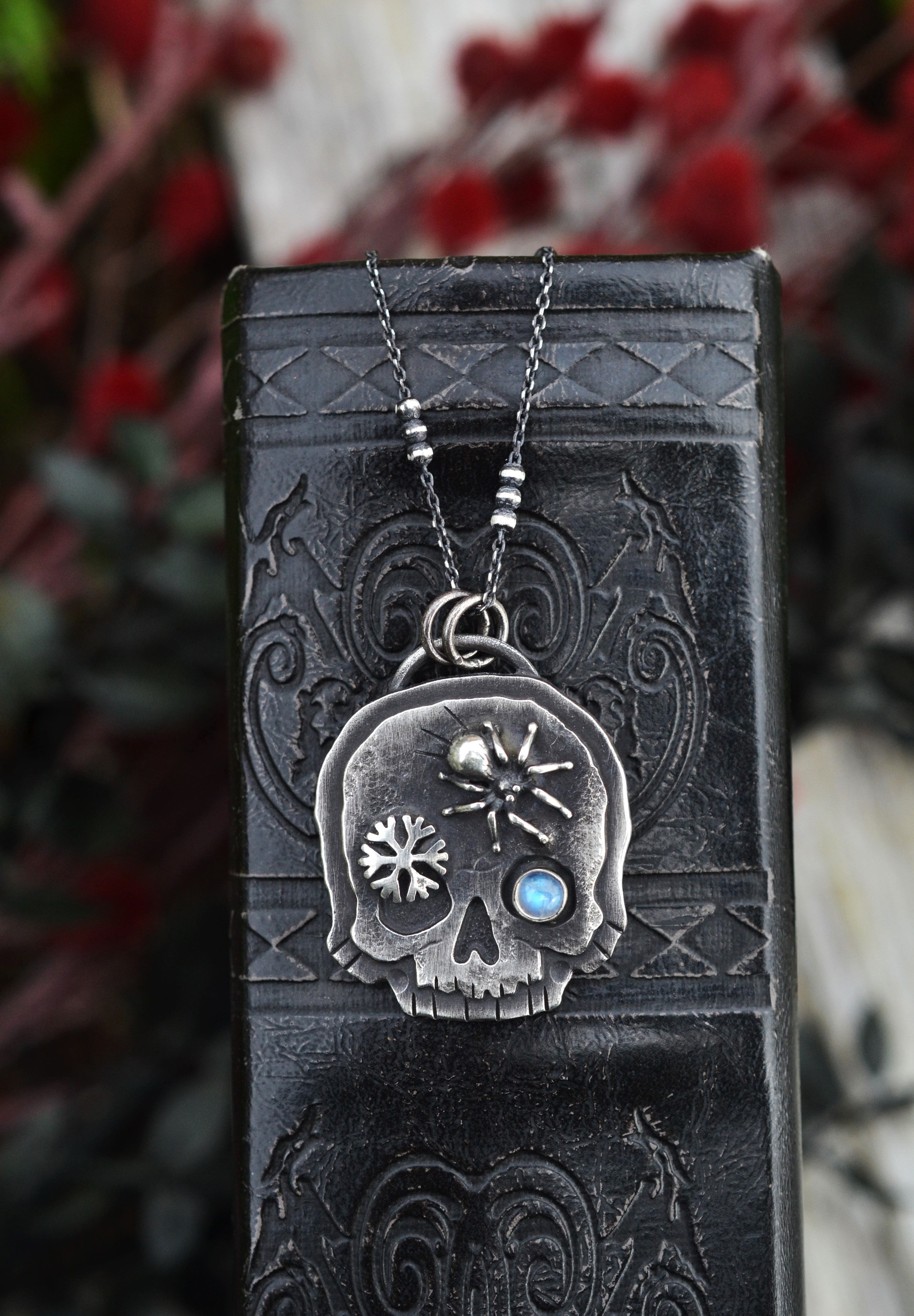 Skull Charm - Spider/Snowflake - Rainbow Moonstone - 18" Chain Included