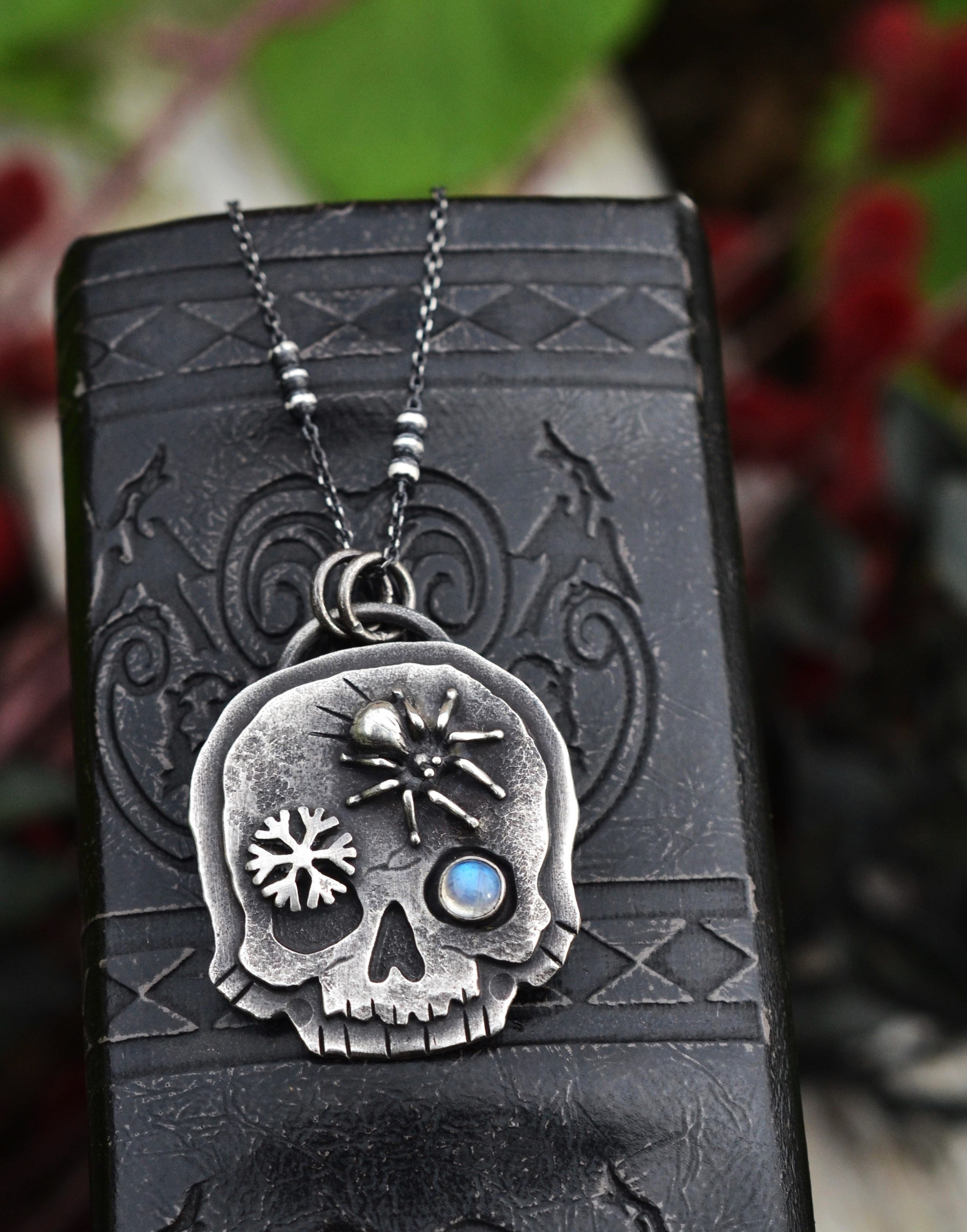 Skull Charm - Spider/Snowflake - Rainbow Moonstone - 18" Chain Included