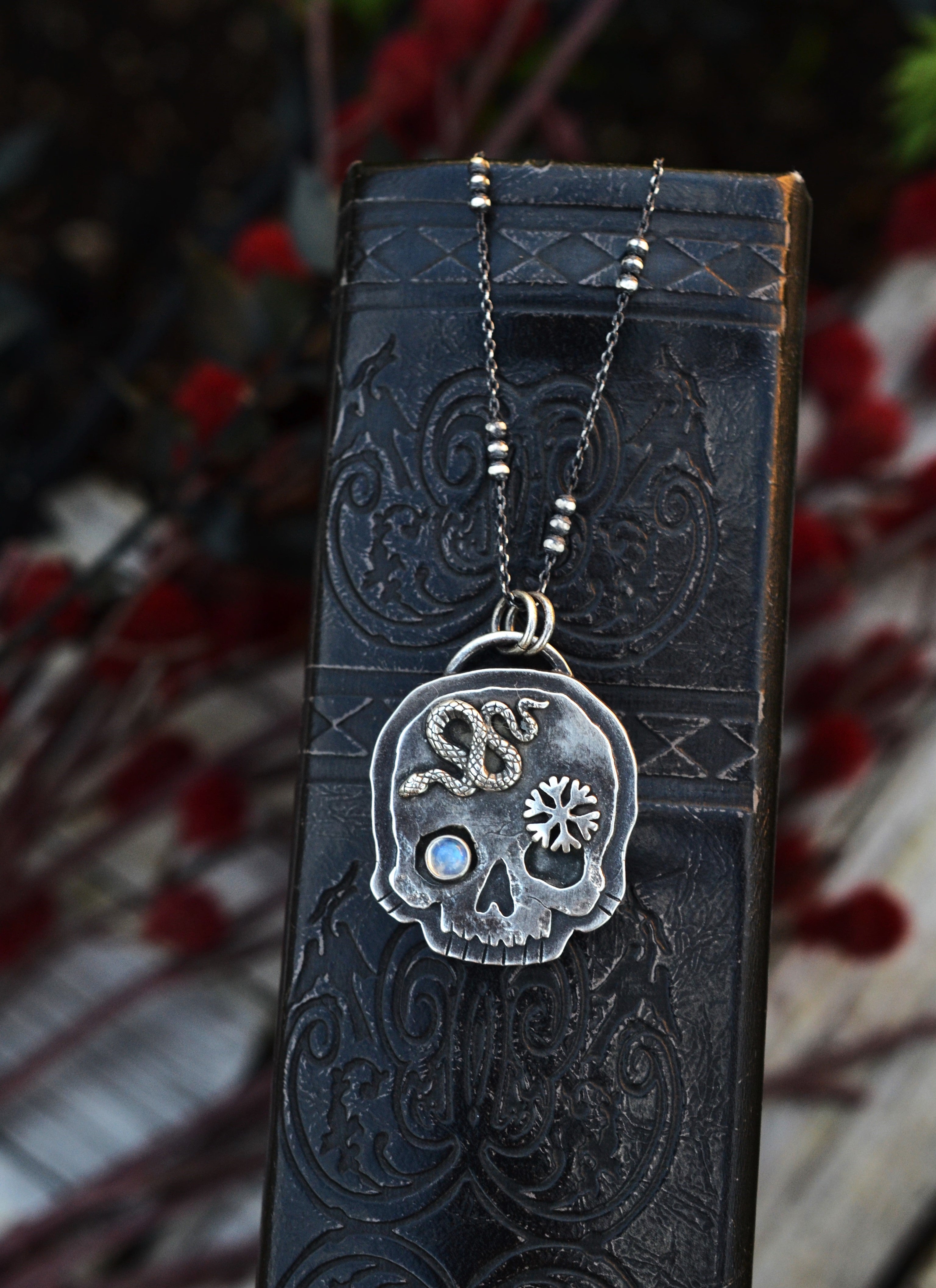 Skull Charm - Snake/Snowflake - Rainbow Moonstone - 20" Chain Included